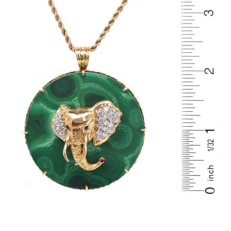 Round Cut 1970s Circular Large Malachite Gold Diamond Elephant Pendant