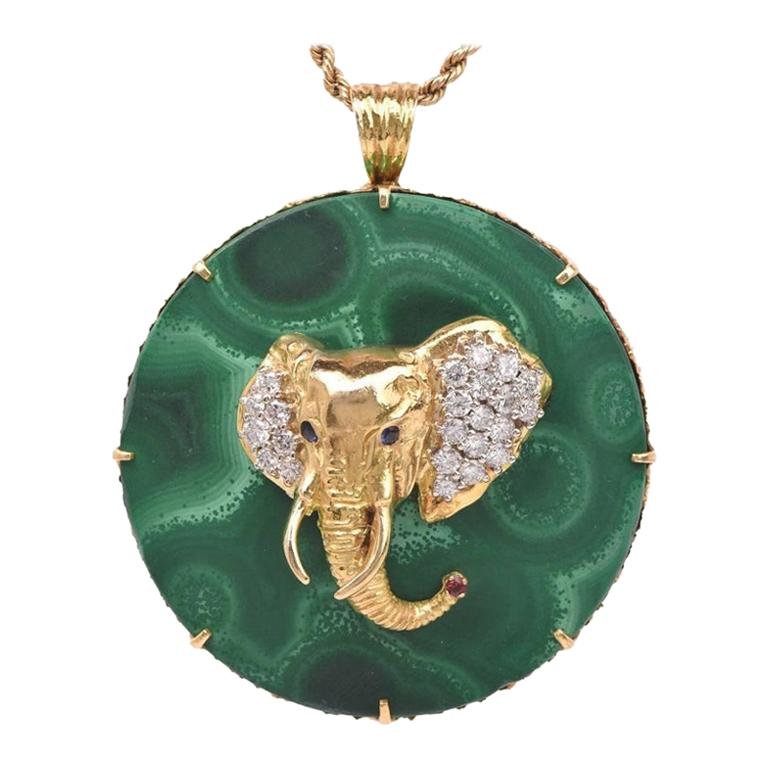 1970s Circular Large Malachite Gold Diamond Elephant Pendant