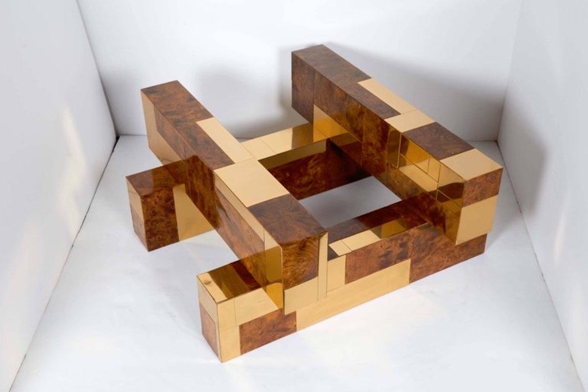 1970s Cityscape Coffee Table by Paul Evans in Brass and Burled Wood 2