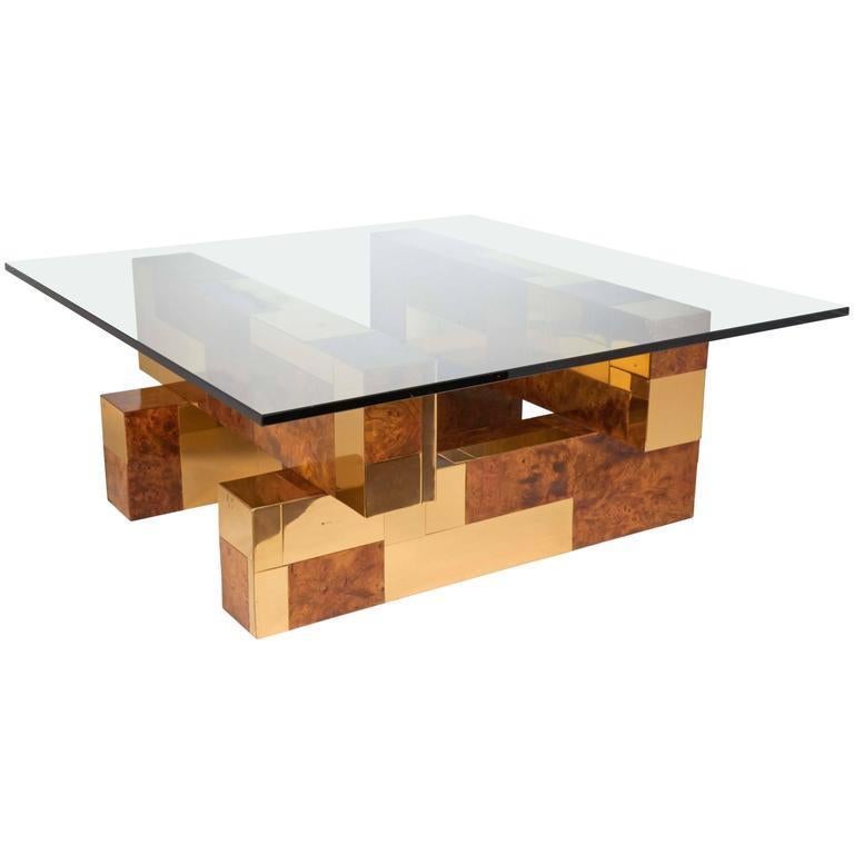 Mid-Century Modern 1970s Cityscape Coffee Table by Paul Evans in Brass and Burled Wood
