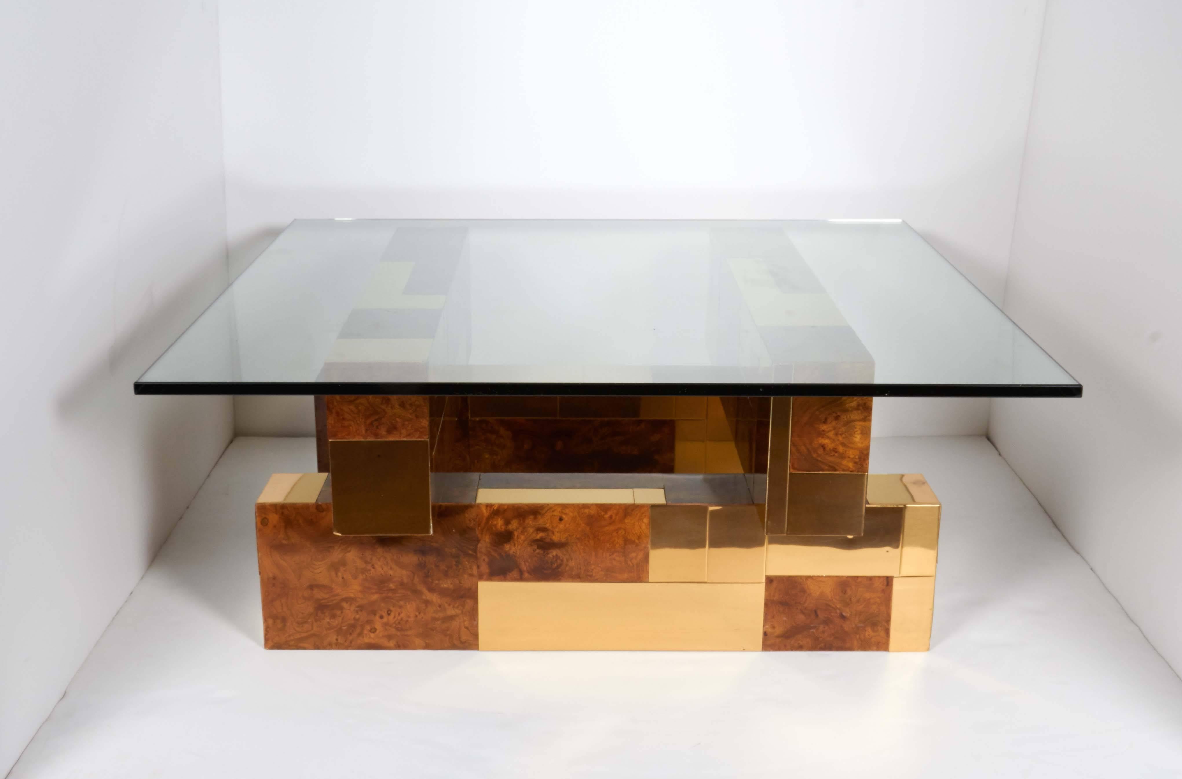 American 1970s Cityscape Coffee Table by Paul Evans in Brass and Burled Wood