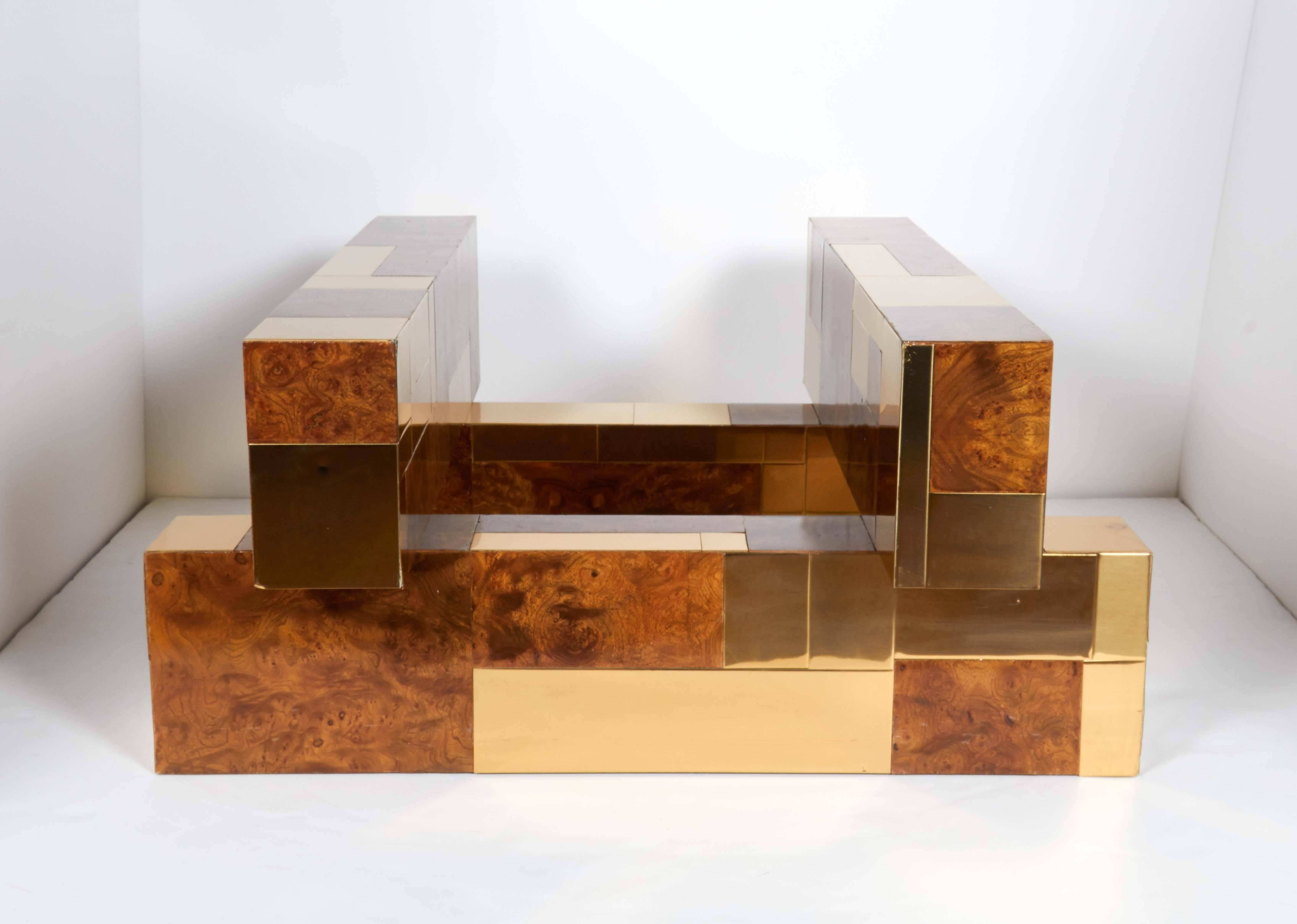 1970s Cityscape Coffee Table by Paul Evans in Brass and Burled Wood In Good Condition In Fort Lauderdale, FL