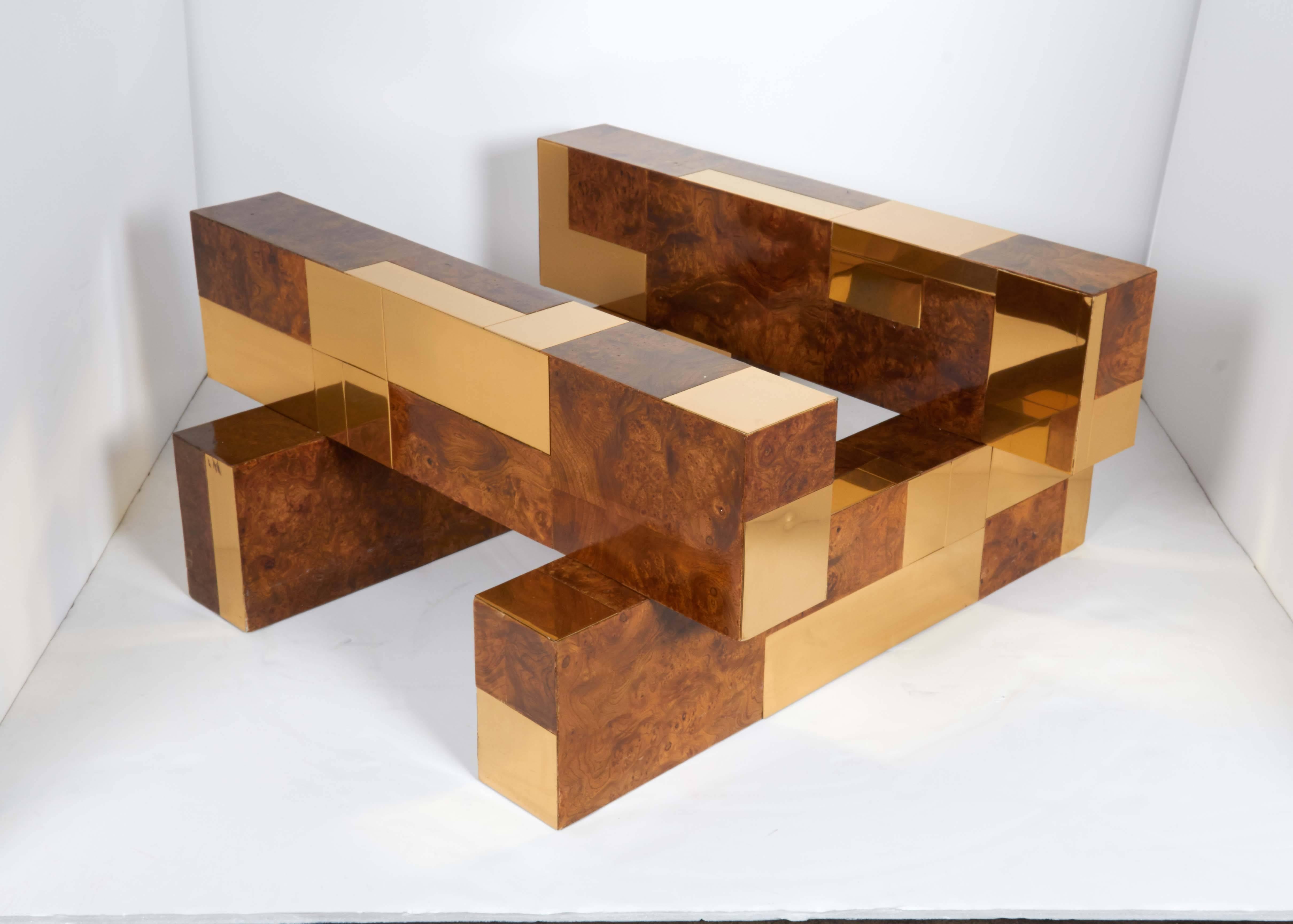 Late 20th Century 1970s Cityscape Coffee Table by Paul Evans in Brass and Burled Wood
