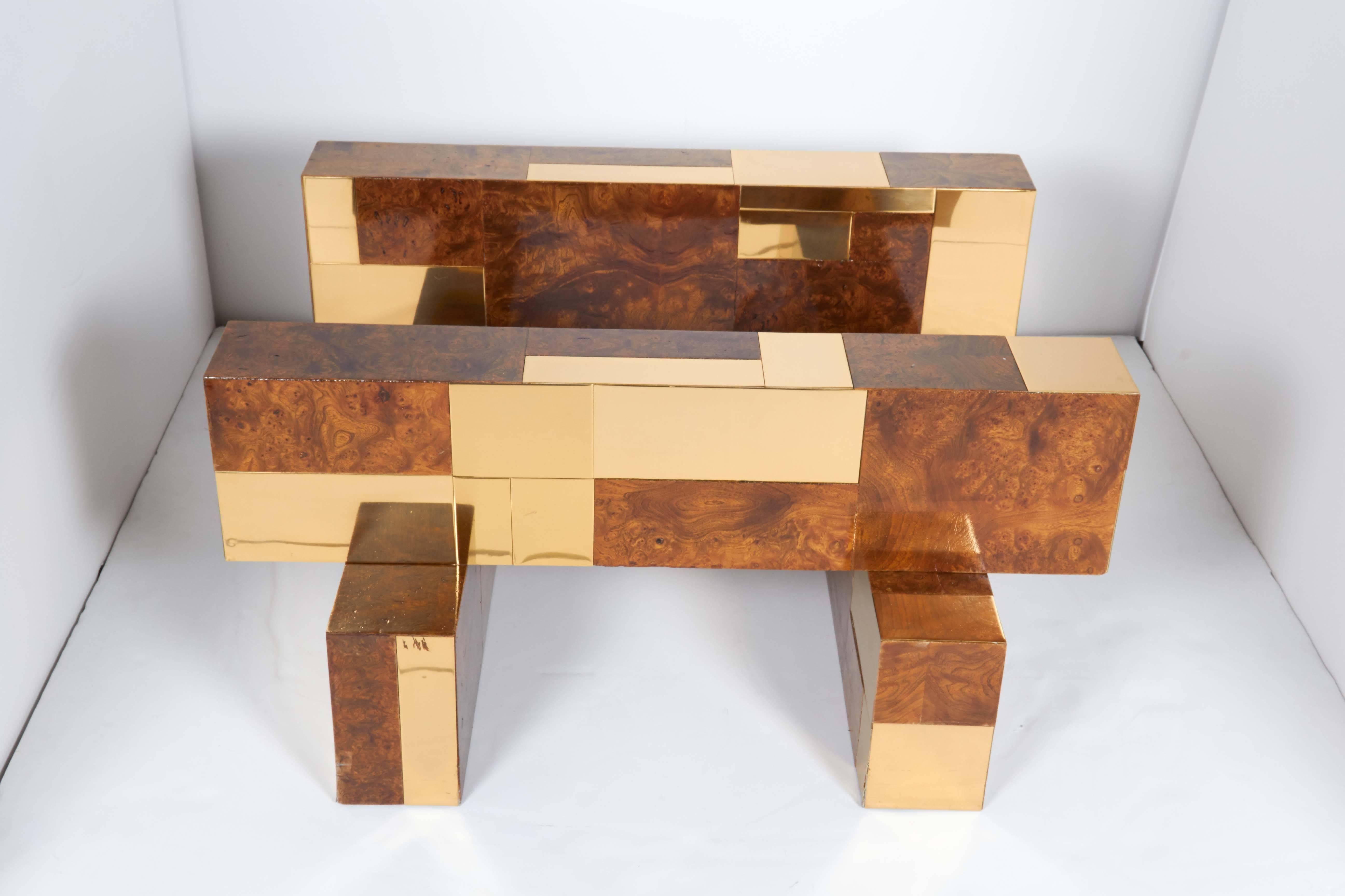 Glass 1970s Cityscape Coffee Table by Paul Evans in Brass and Burled Wood