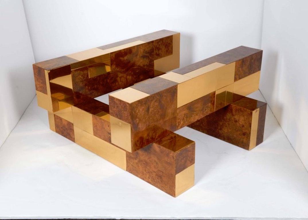 1970s Cityscape Coffee Table by Paul Evans in Brass and Burled Wood 1