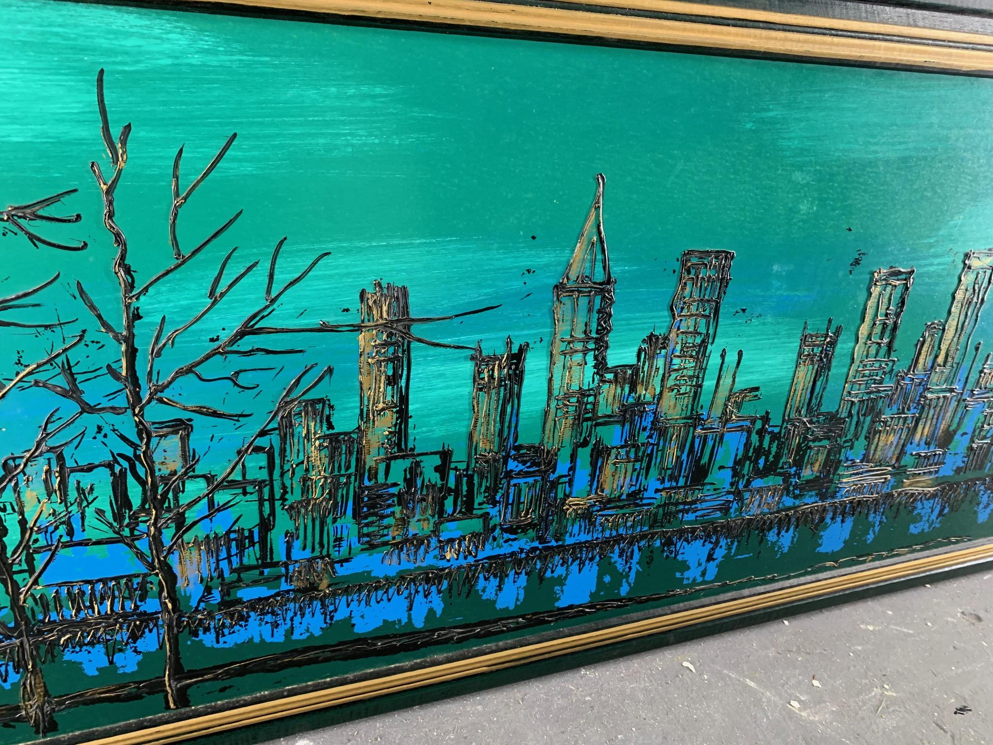 Large oil painting circa 1970s depicting an abstract cityscape. Beautiful blend of blues and greens. Wood frame. Very good condition.