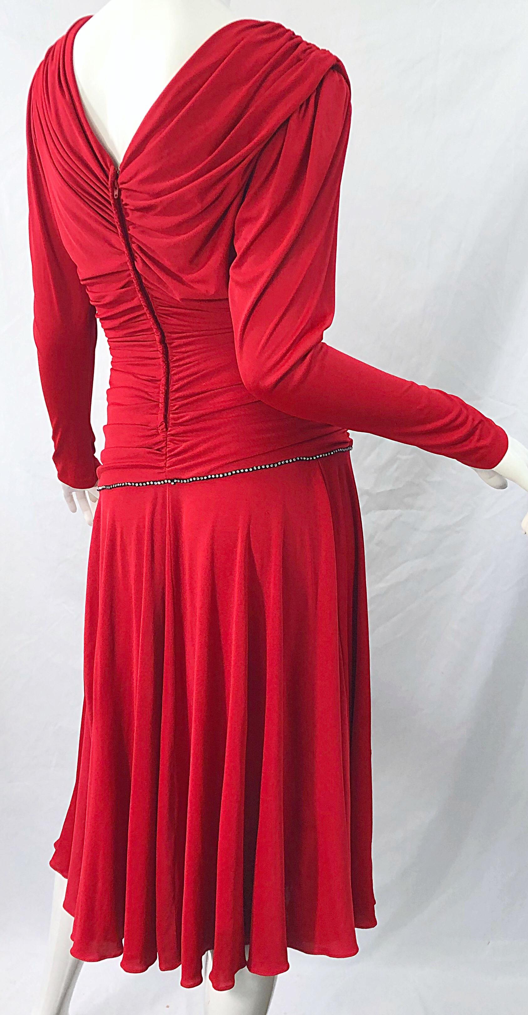 1970s Claraluna Original Lipstick Red Rhinestone Slinky Jersey Vintage 70s Dress For Sale 3