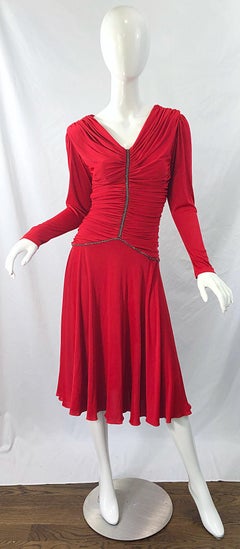 1970s Claraluna Original Lipstick Red Rhinestone Slinky Jersey Vintage 70s Dress