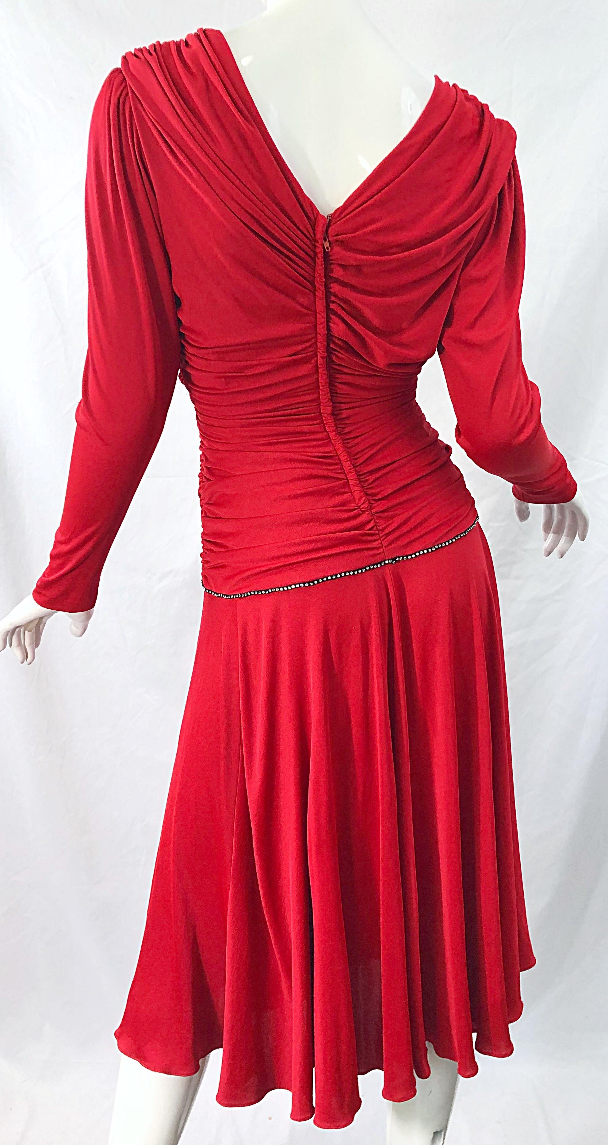 1970s Claraluna Original Lipstick Red Rhinestone Slinky Jersey Vintage 70s Dress In Excellent Condition For Sale In San Diego, CA