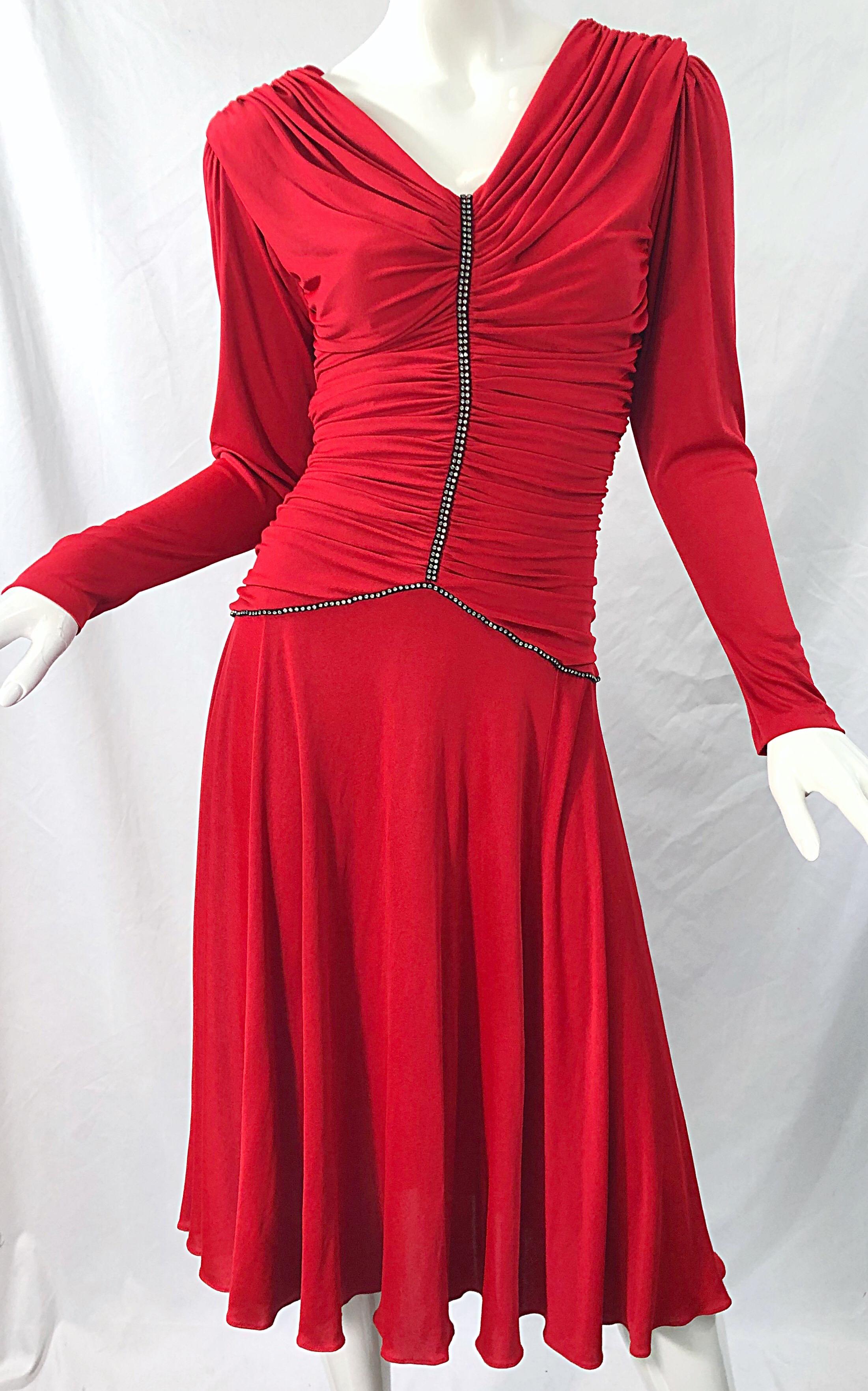 Women's 1970s Claraluna Original Lipstick Red Rhinestone Slinky Jersey Vintage 70s Dress For Sale