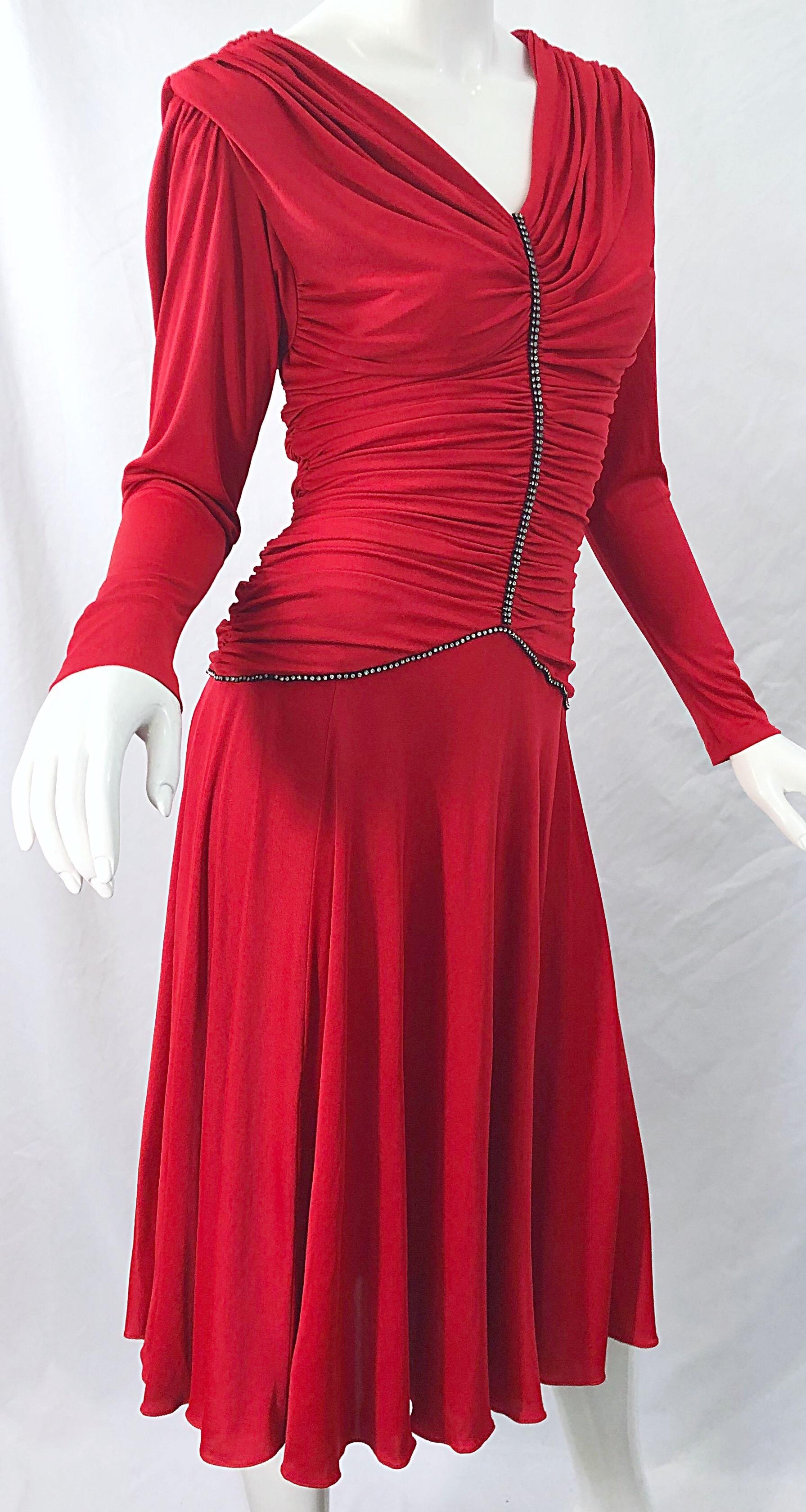 1970s Claraluna Original Lipstick Red Rhinestone Slinky Jersey Vintage 70s Dress For Sale 1