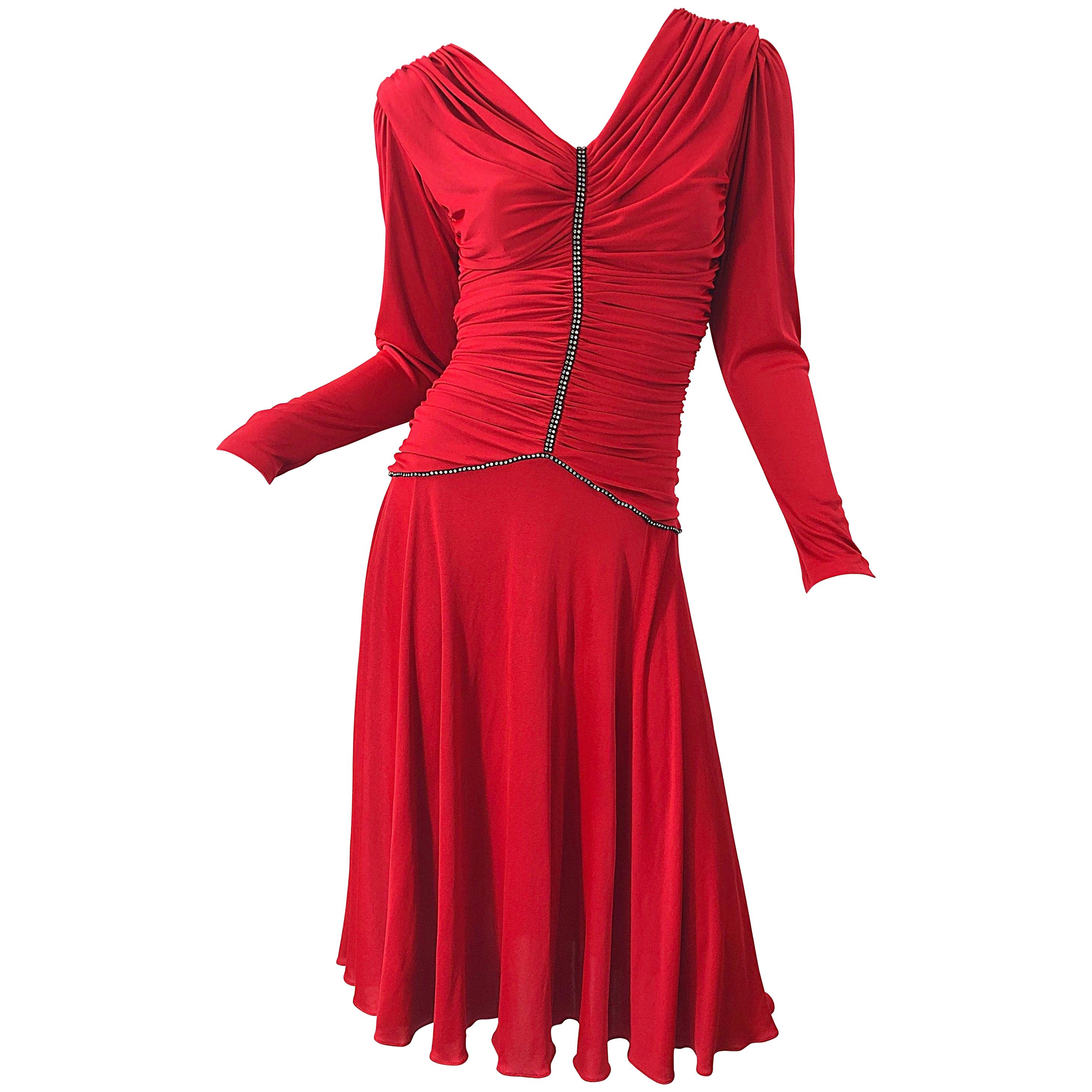 1970s Claraluna Original Lipstick Red Rhinestone Slinky Jersey Vintage 70s Dress For Sale