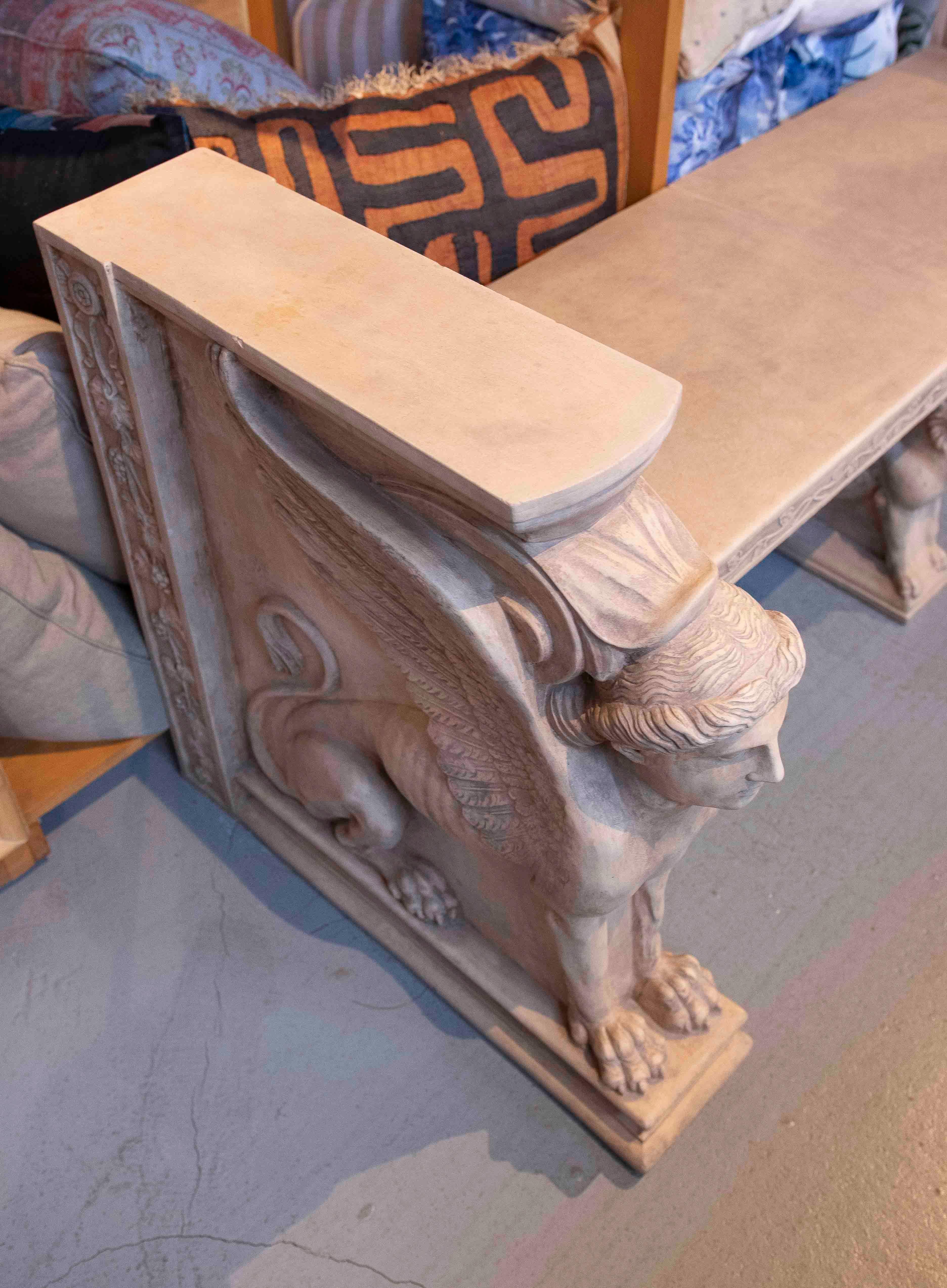 1970s Classic Bench with Terracotta Sphinxes with Lion and Plant Decorations For Sale 6