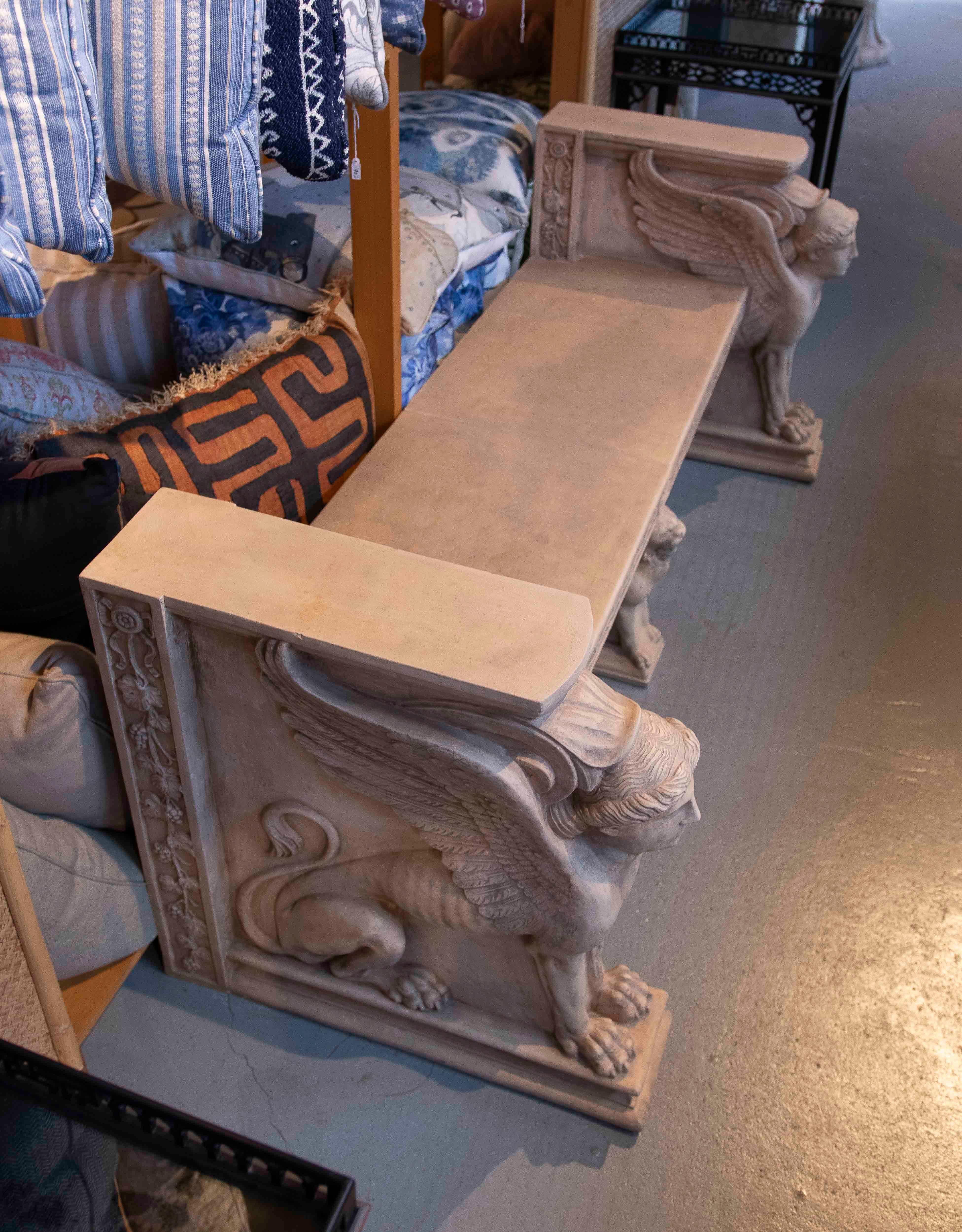 1970s Classic Bench with Terracotta Sphinxes with Lion and Plant Decorations For Sale 9