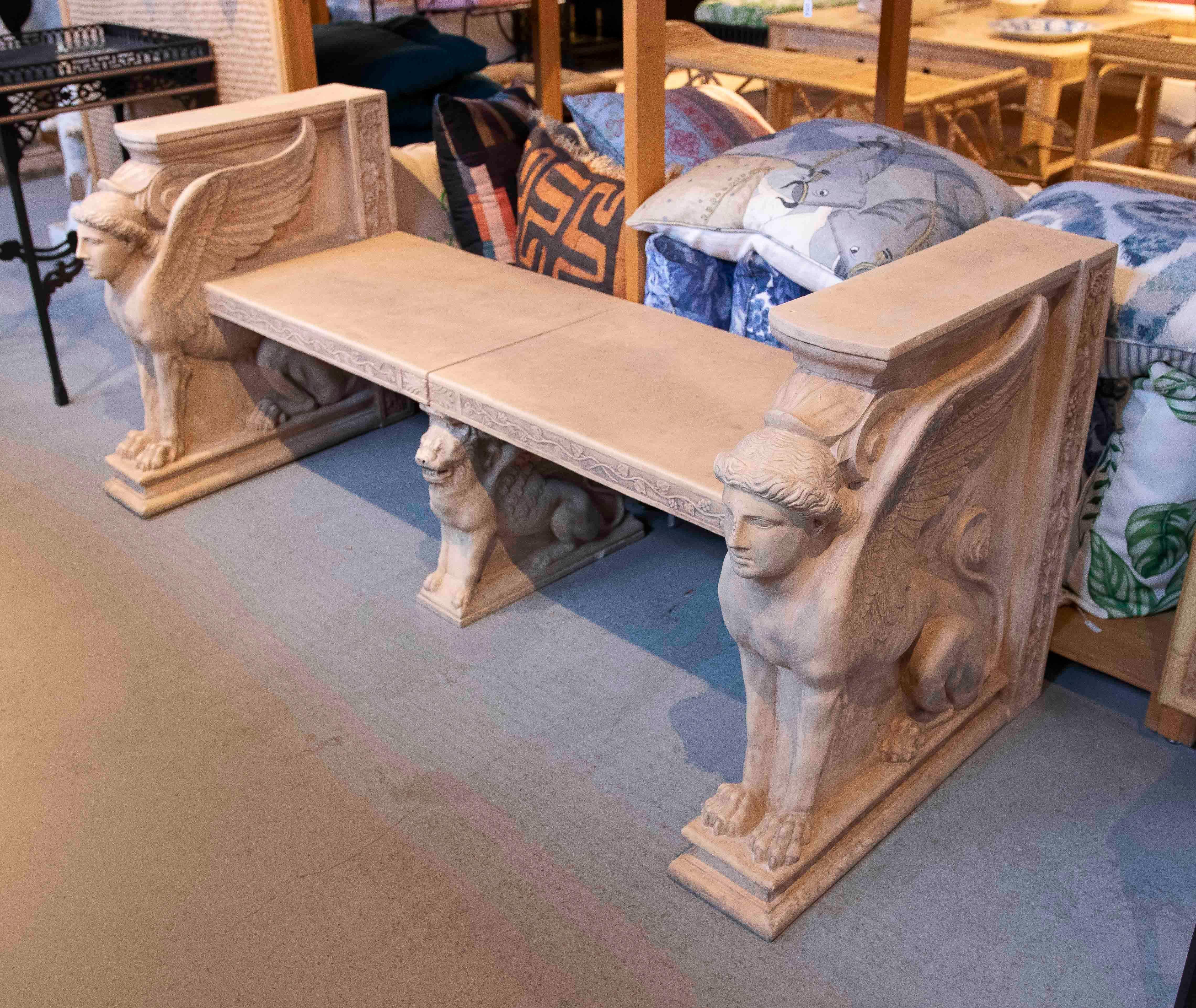 French 1970s Classic Bench with Terracotta Sphinxes with Lion and Plant Decorations For Sale