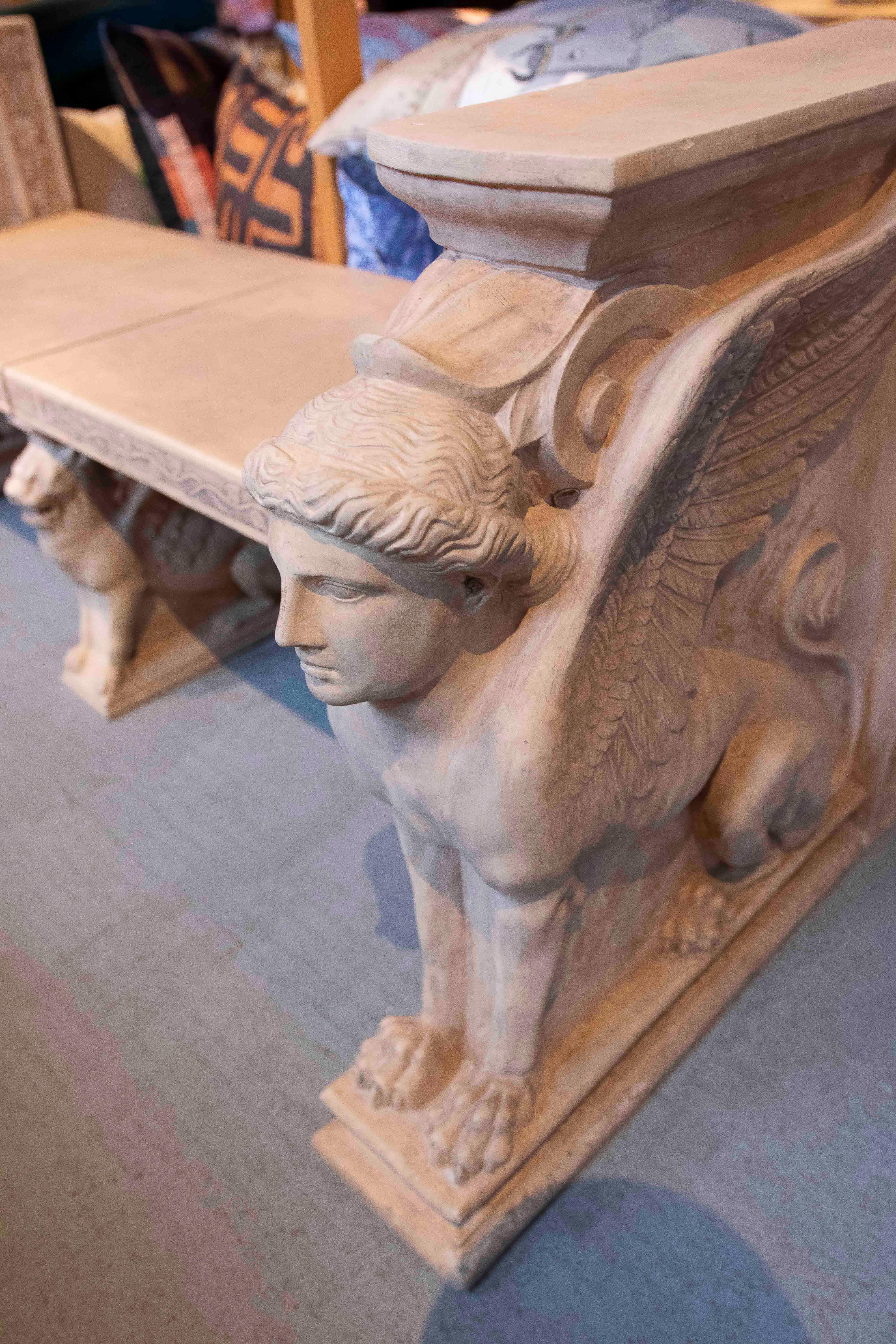 20th Century 1970s Classic Bench with Terracotta Sphinxes with Lion and Plant Decorations For Sale