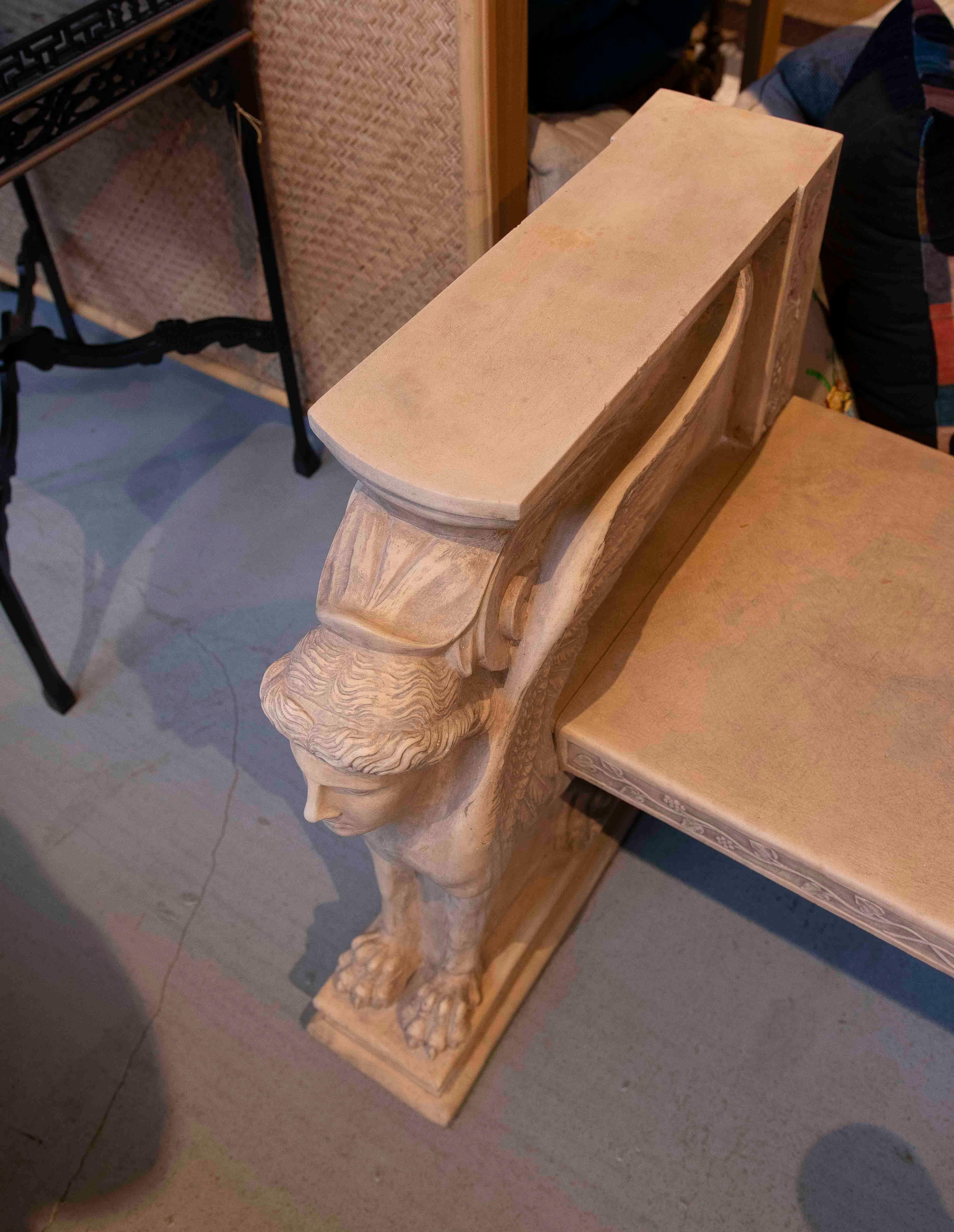 1970s Classic Bench with Terracotta Sphinxes with Lion and Plant Decorations For Sale 1