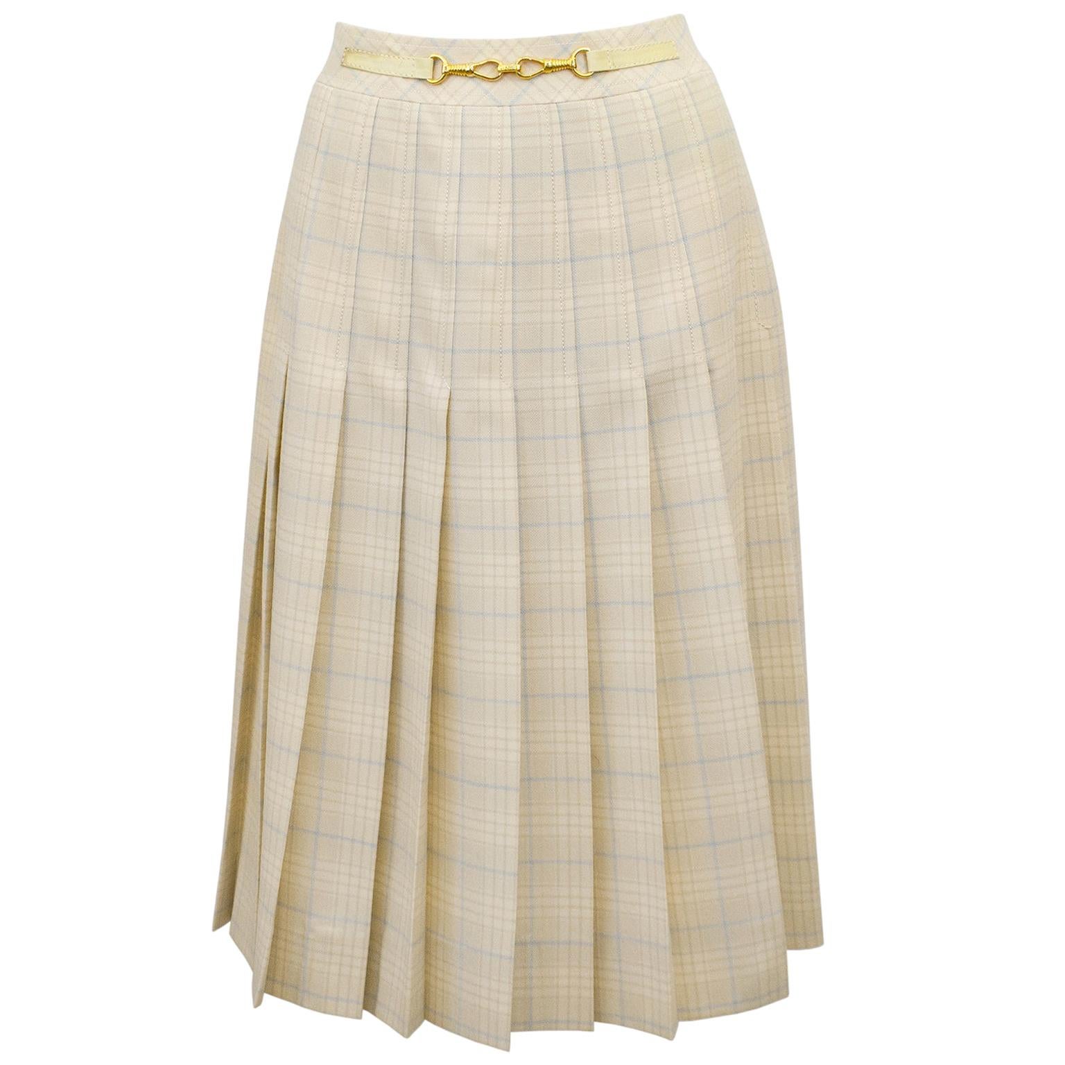 1970s Classic Celine Cream and Blue Tartan Pleated Skirt 