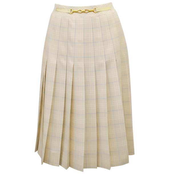 1970s Classic Celine Cream and Blue Tartan Pleated Skirt For Sale at ...