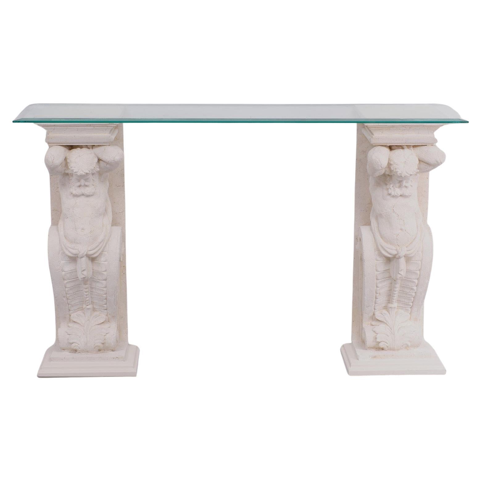 1970s Classic Greek Console Table with Cast Stone and Glass Top For Sale