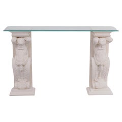 Tavolo consolle greco classico degli anni '70 con piano in vetro e pietra fusa