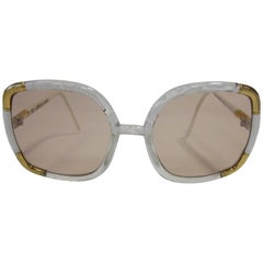 1970s Classic Ted Lapidus Paris Sunglasses White Marbled and Gold Hardware