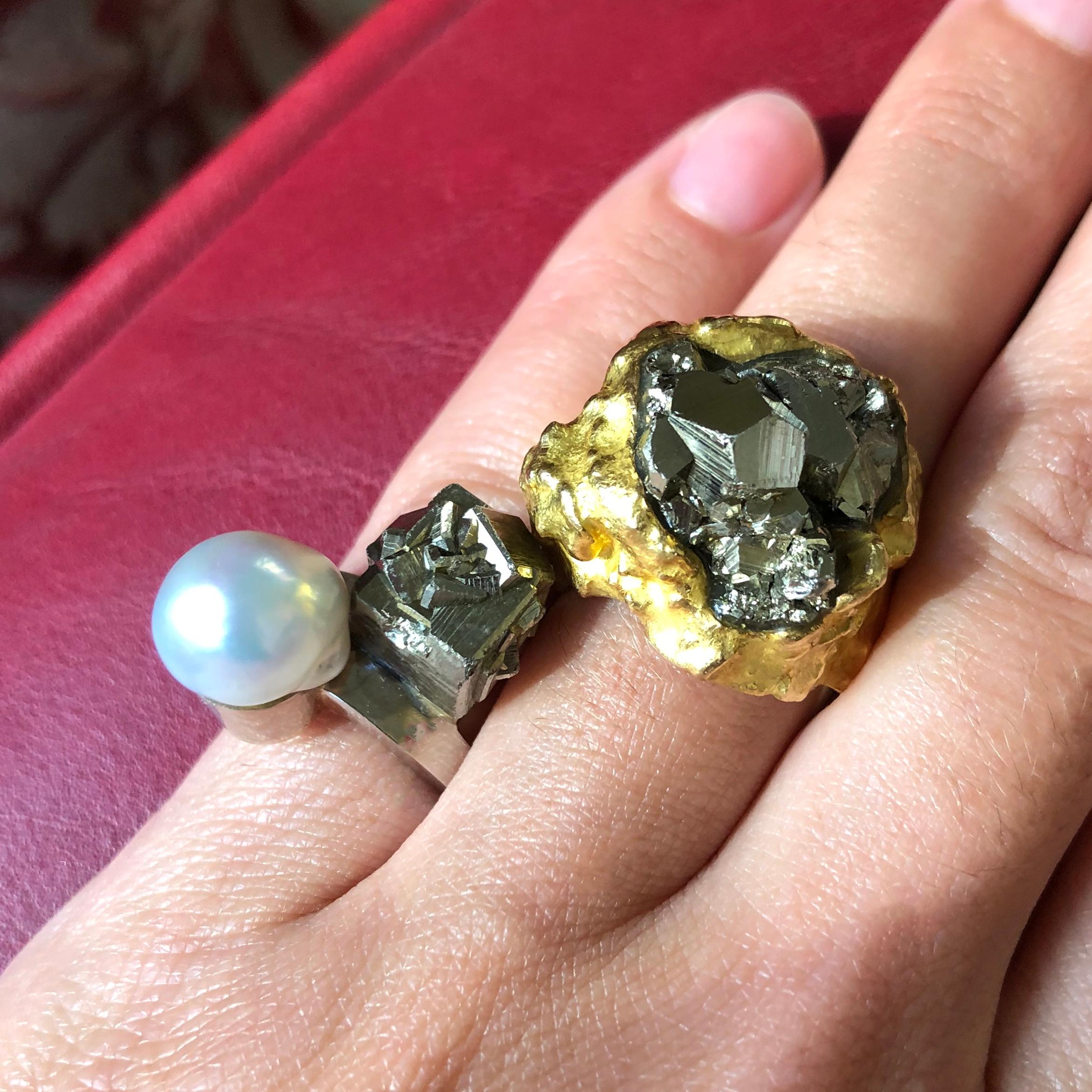 Claude de Muzac Französischer Perlen Pyrit Grau Gold Toi et Moi Gold Ring 1970er Jahre (Gemischter Schliff)