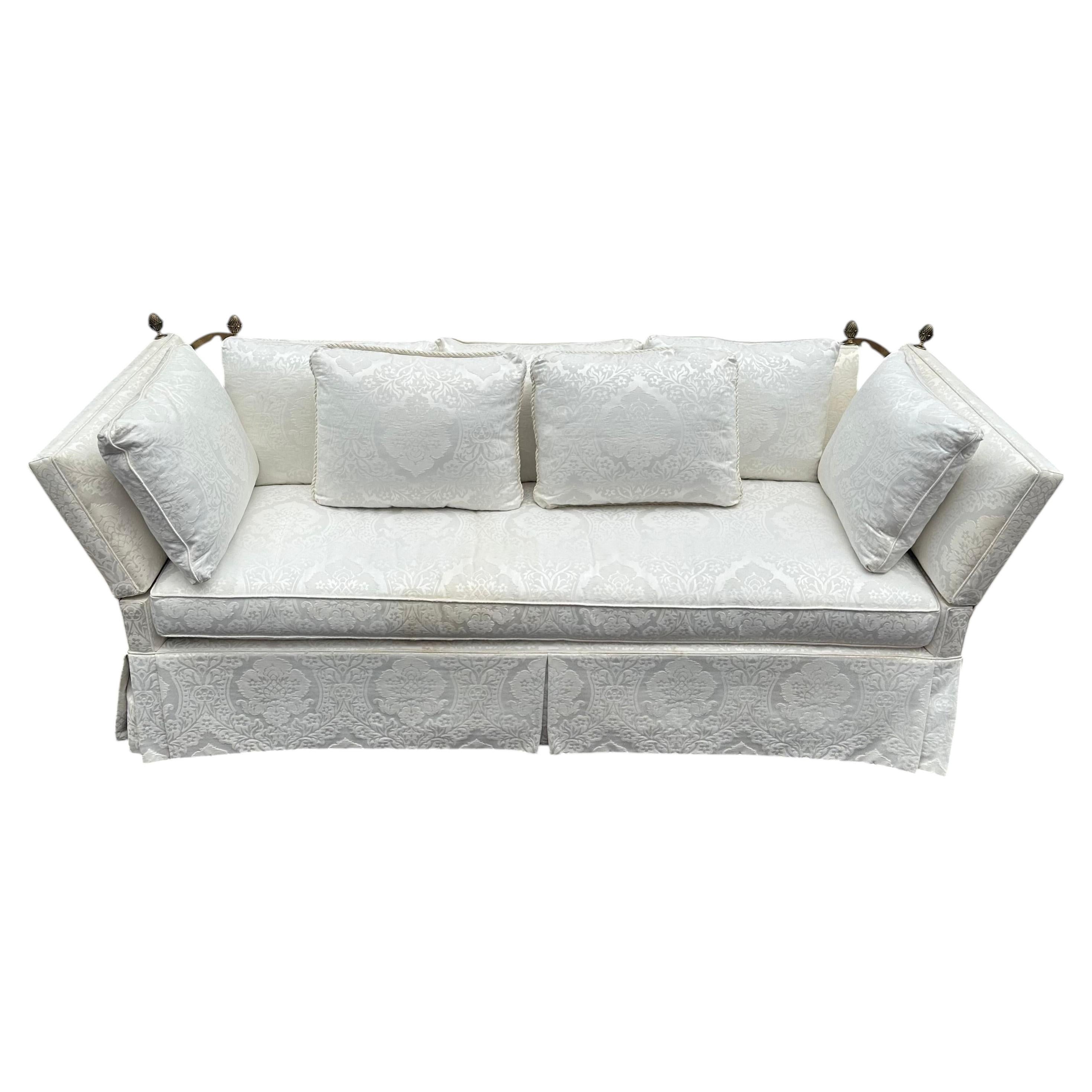 1970s Clyde Pearson Drop Arm Silk Down Brass Damask White Knole Sofa