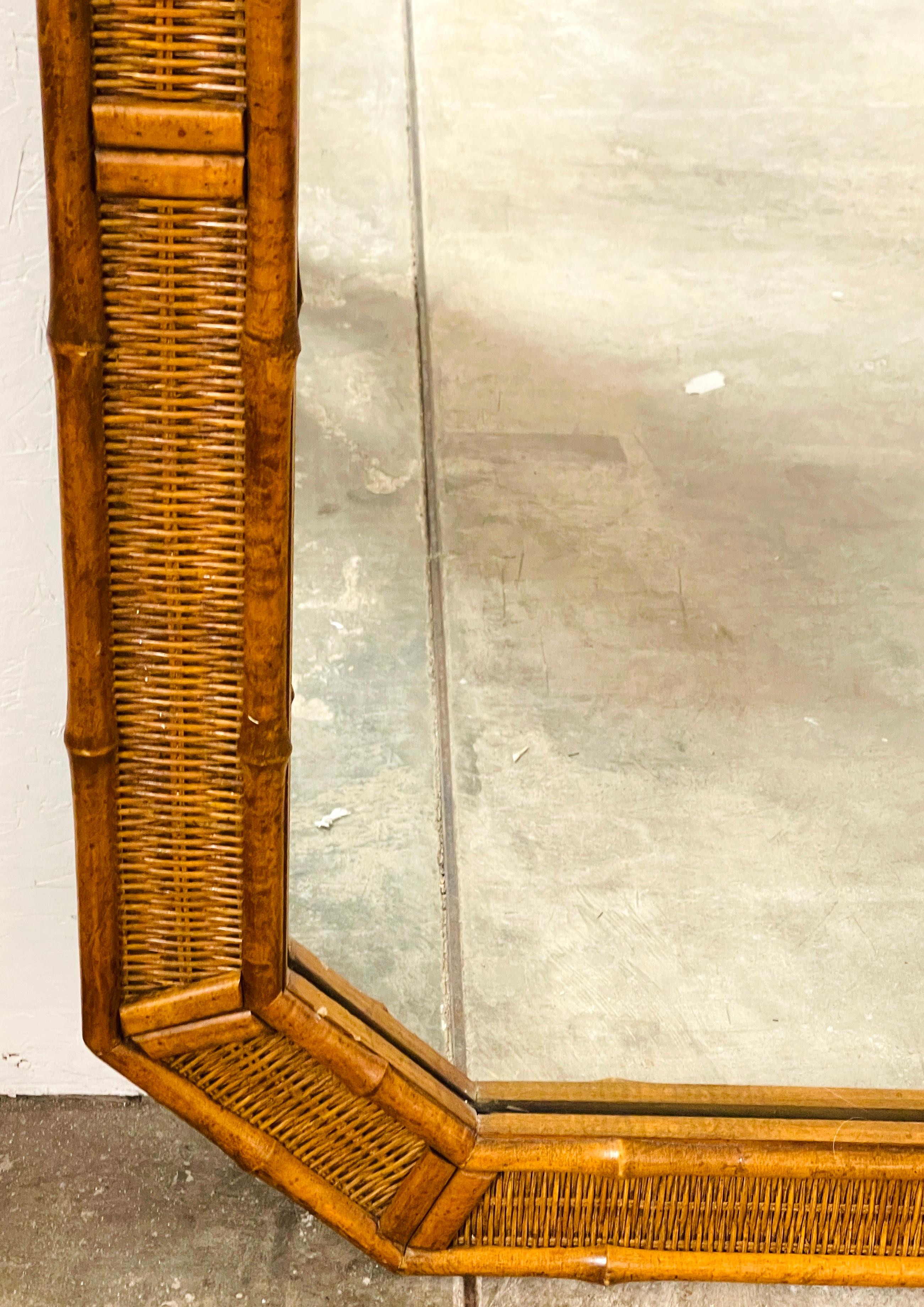 Mid-Century Modern 1970s Coastal Faux Bamboo & Rattan Octagonal Mirror  For Sale