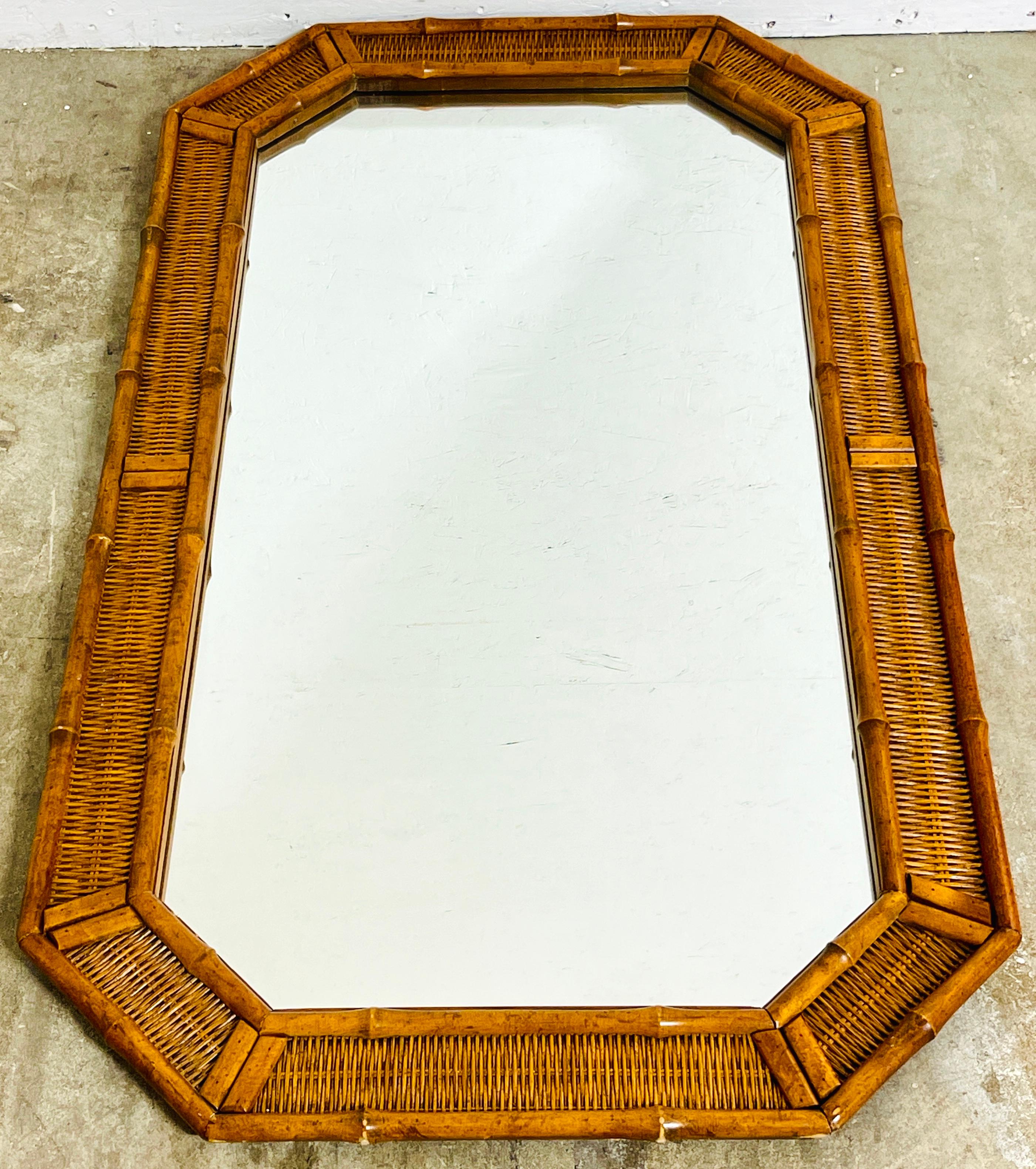 Woven 1970s Coastal Faux Bamboo & Rattan Octagonal Mirror  For Sale