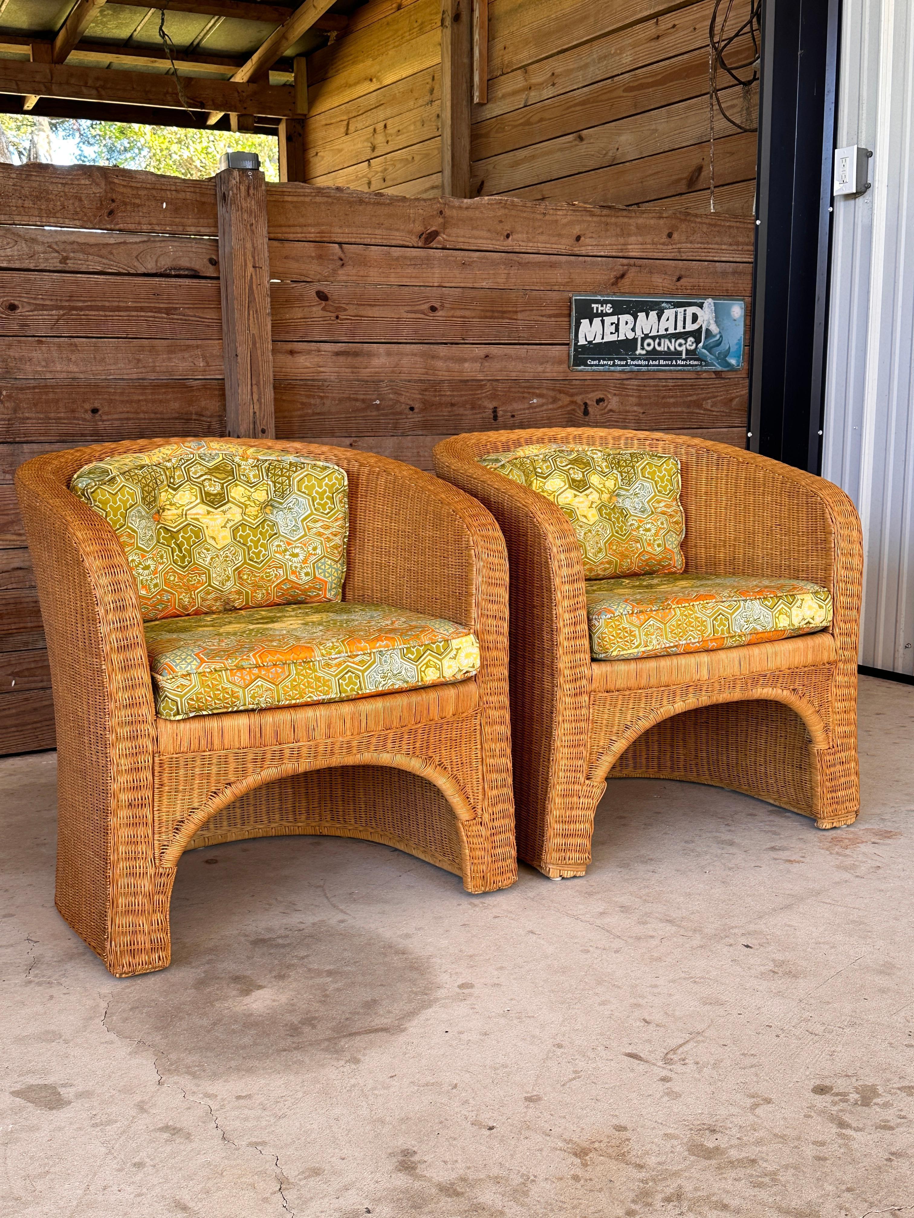 1970's Coastal Organic Modern Rattan Wicker Barrel Tub Chairs Ficks Reed Pair 5