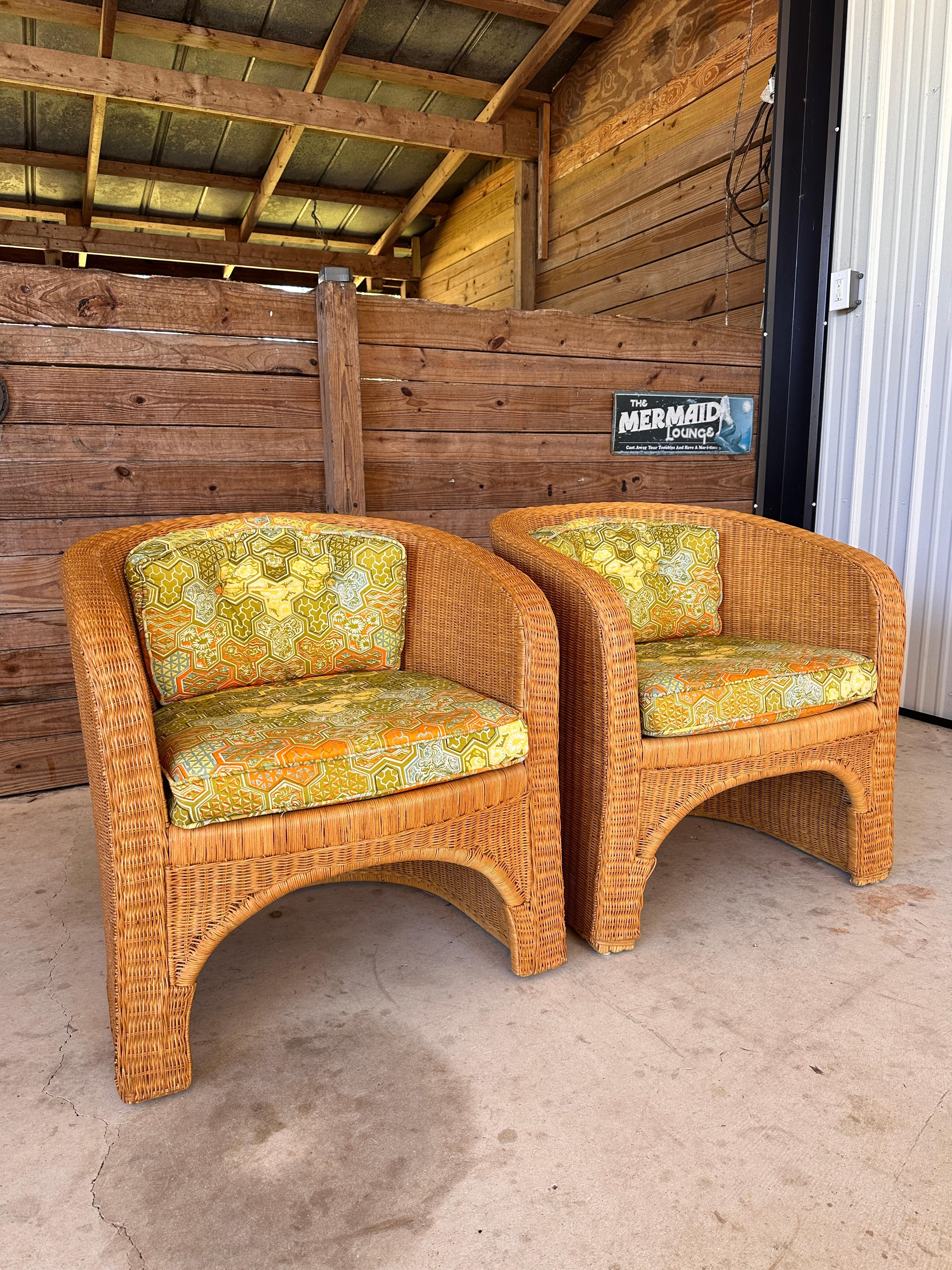 1970's Coastal Organic Modern Rattan Wicker Barrel Tub Chairs Ficks Reed Pair 6