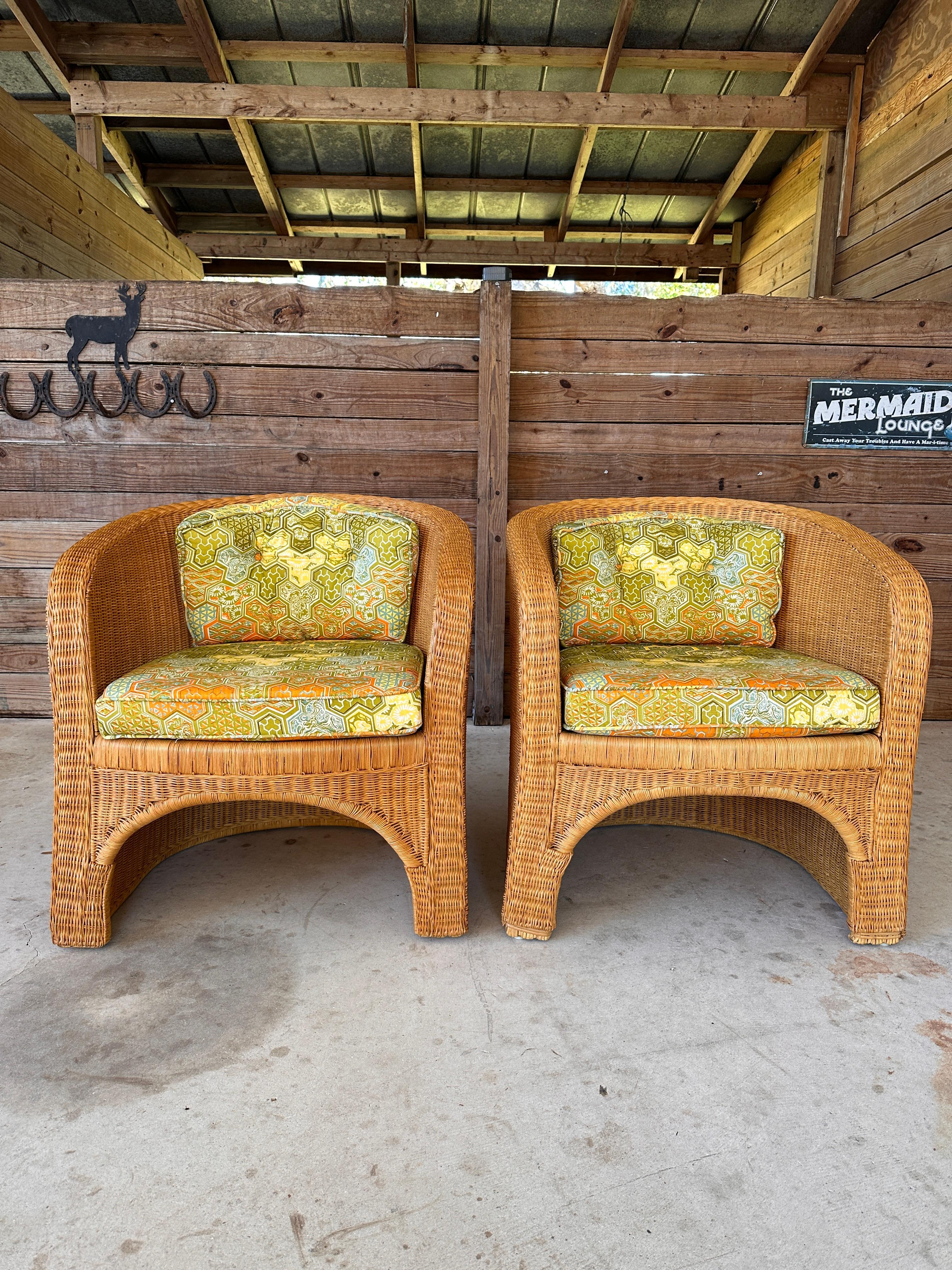 1970's Coastal Organic Modern Rattan Wicker Barrel Tub Chairs Ficks Reed Pair 7