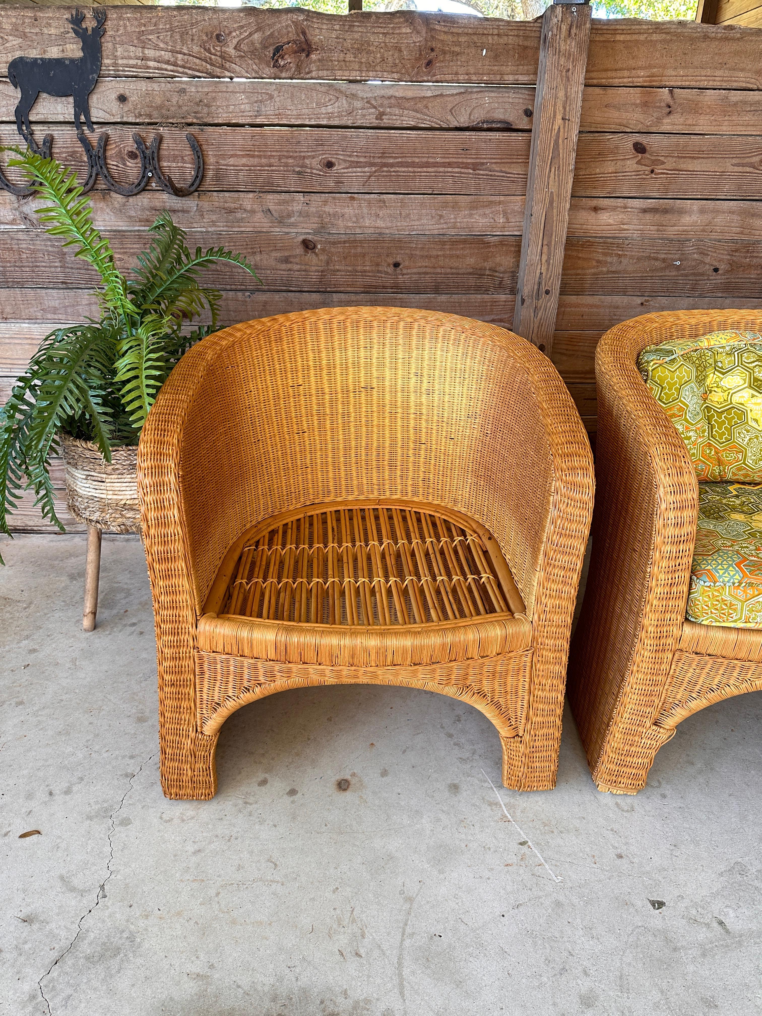 1970's Coastal Organic Modern Rattan Wicker Barrel Tub Chairs Ficks Reed Pair 9