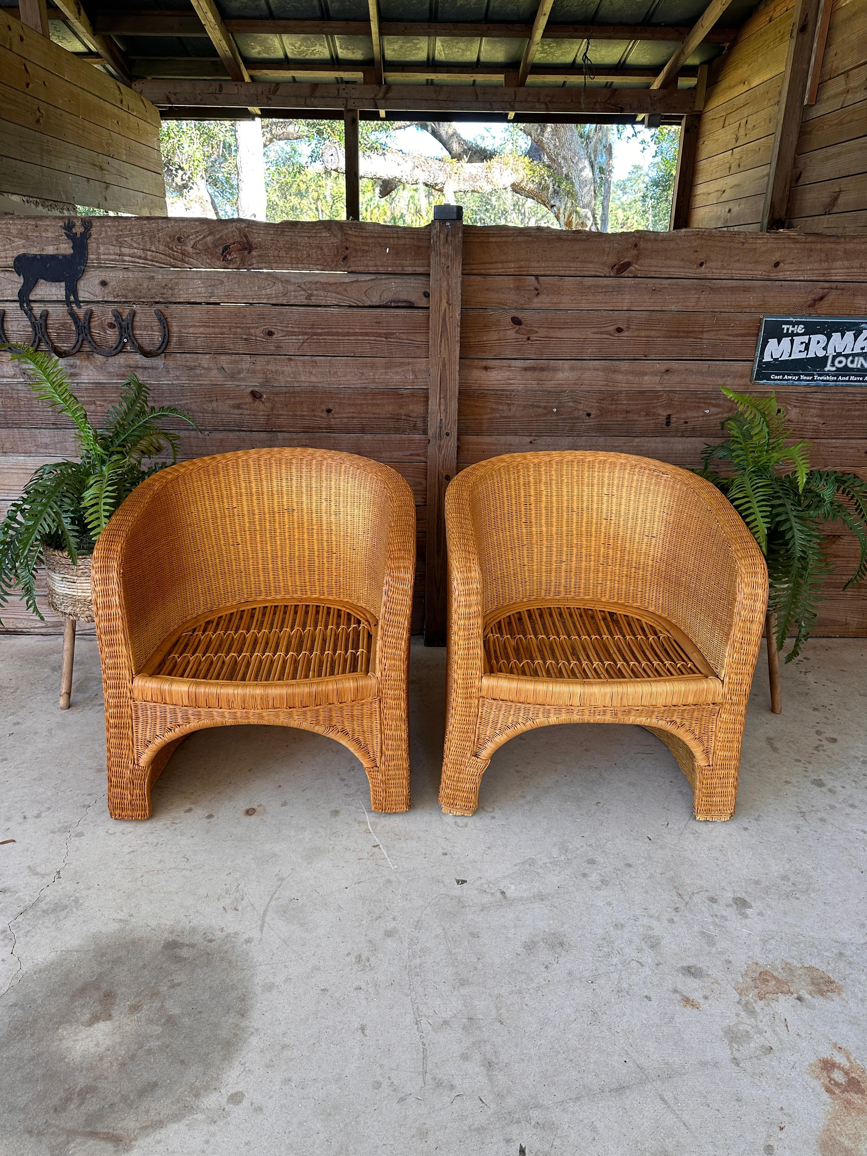 1970's Coastal Organic Modern Rattan Wicker Barrel Tub Chairs Ficks Reed Pair 10