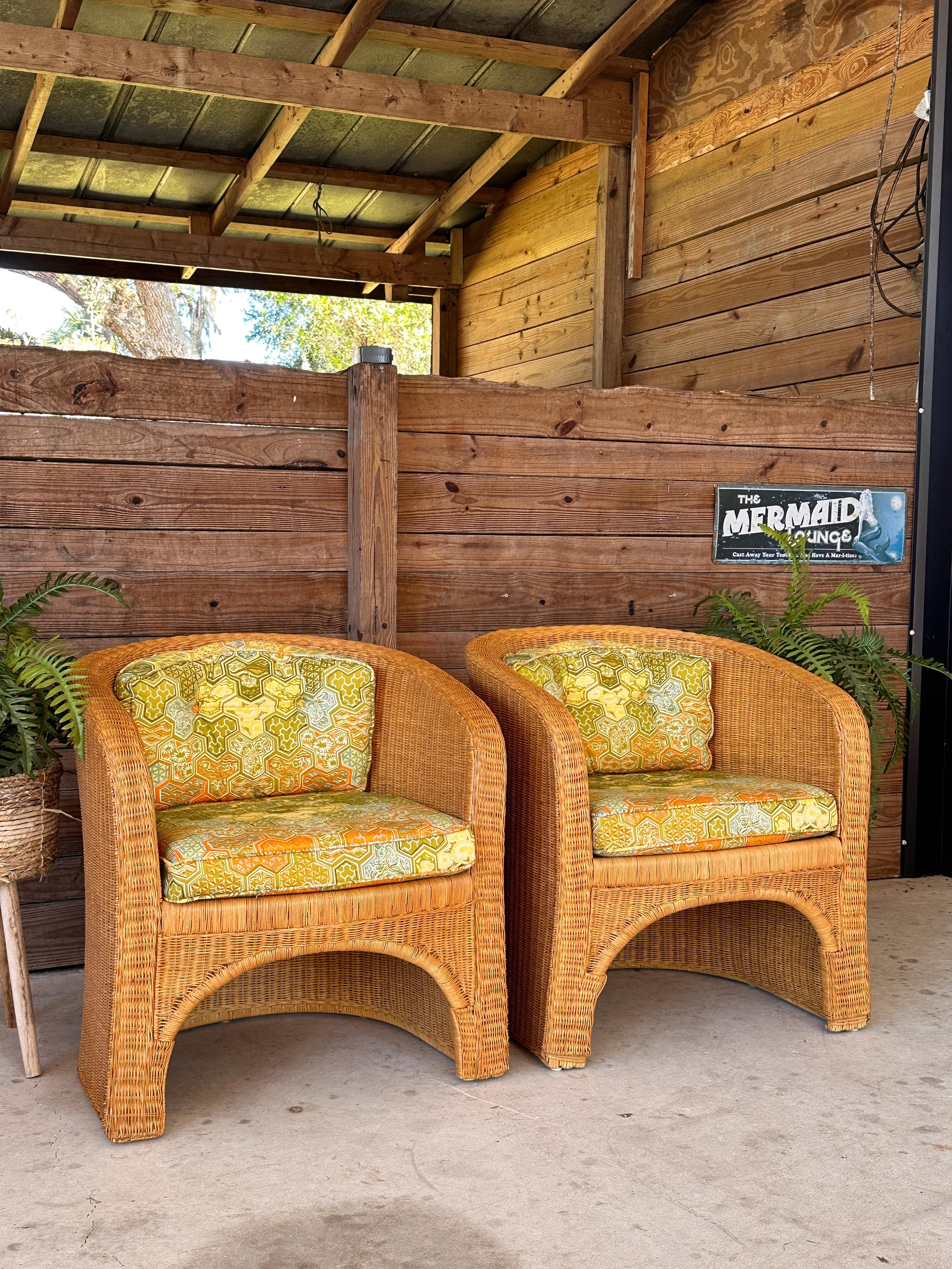 1970's Coastal Organic Modern Rattan Wicker Barrel Tub Chairs Ficks Reed Pair 11
