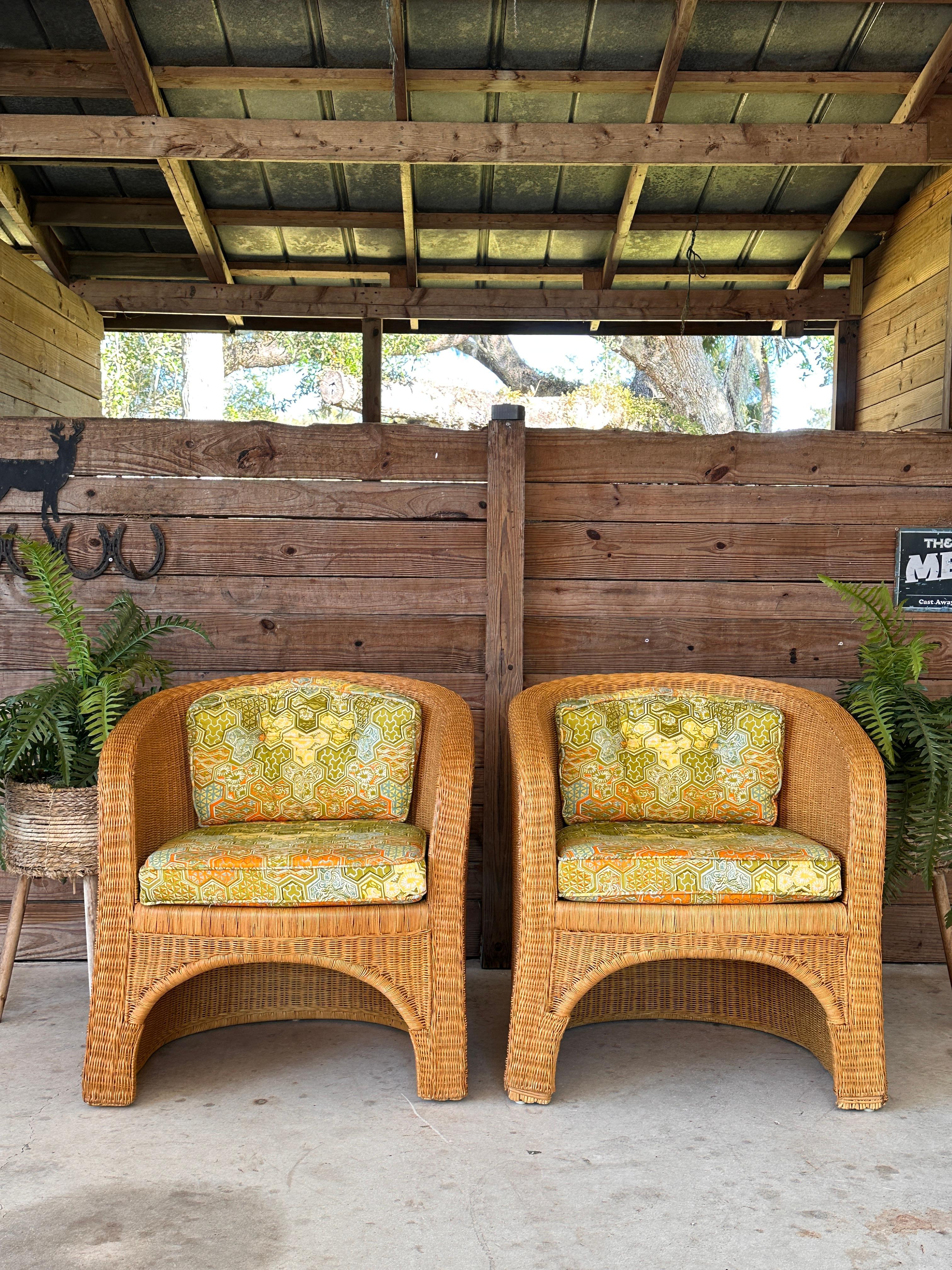 1970's Coastal Organic Modern Rattan Wicker Barrel Tub Chairs Ficks Reed Pair 12