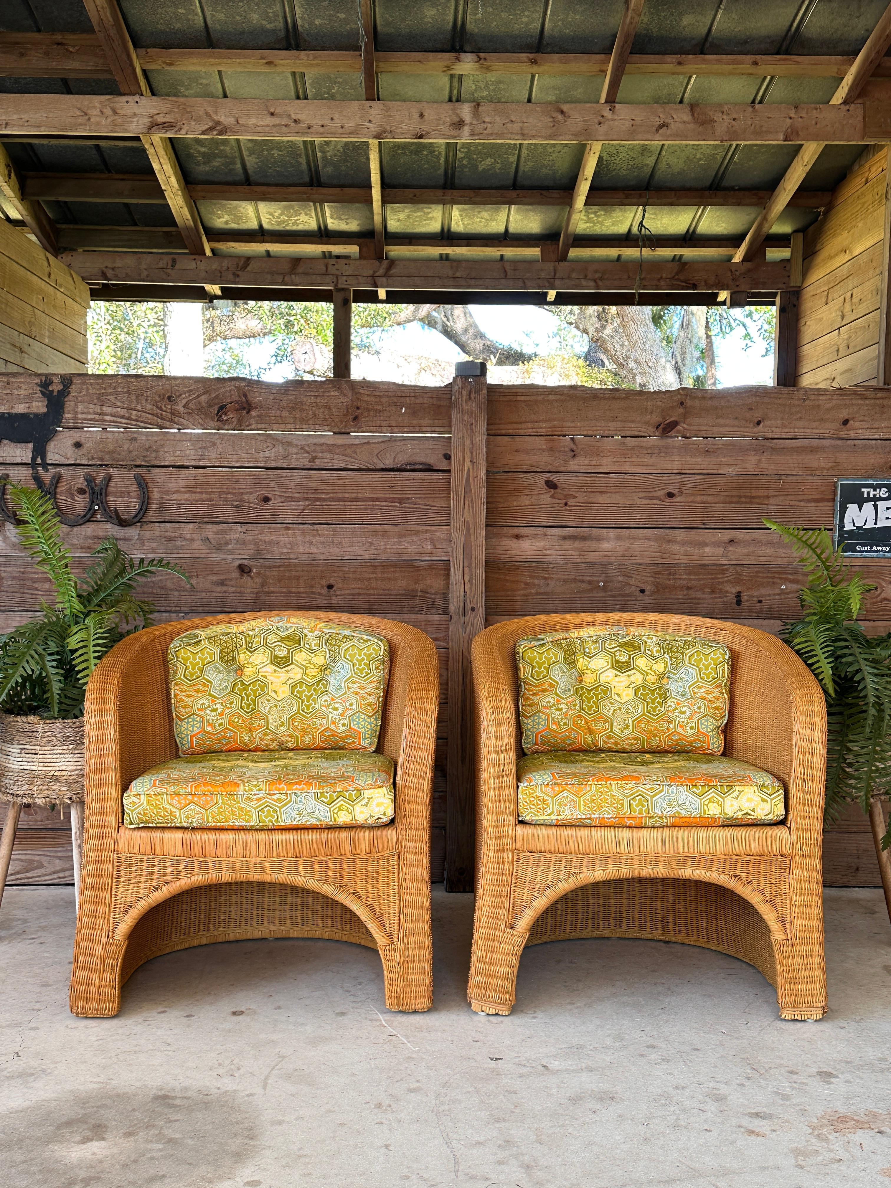 1970's Coastal Organic Modern Rattan Wicker Barrel Tub Chairs Ficks Reed Pair 13
