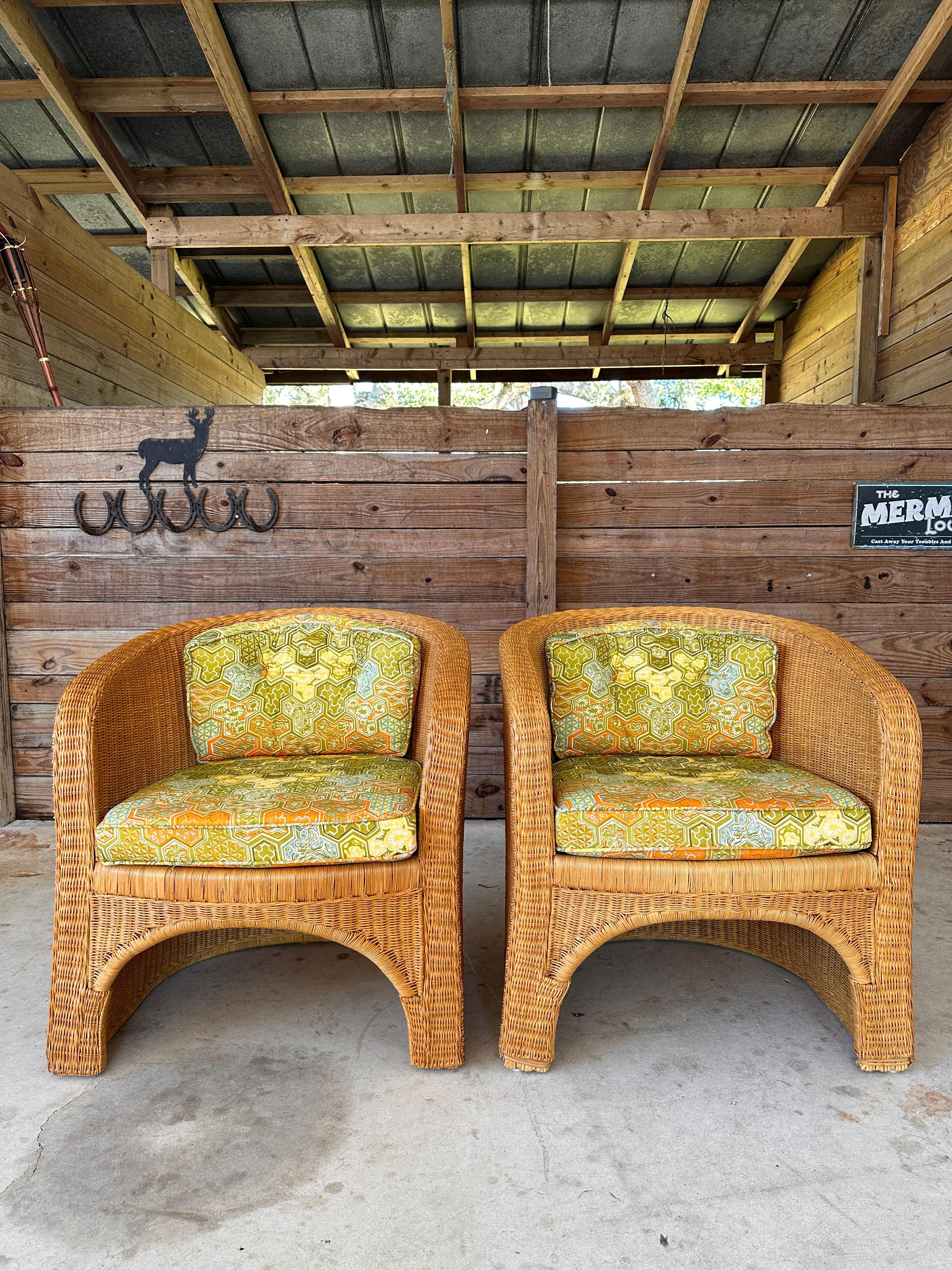 1970's Coastal Organic Modern Rattan Wicker Barrel Tub Chairs Ficks Reed Pair 14