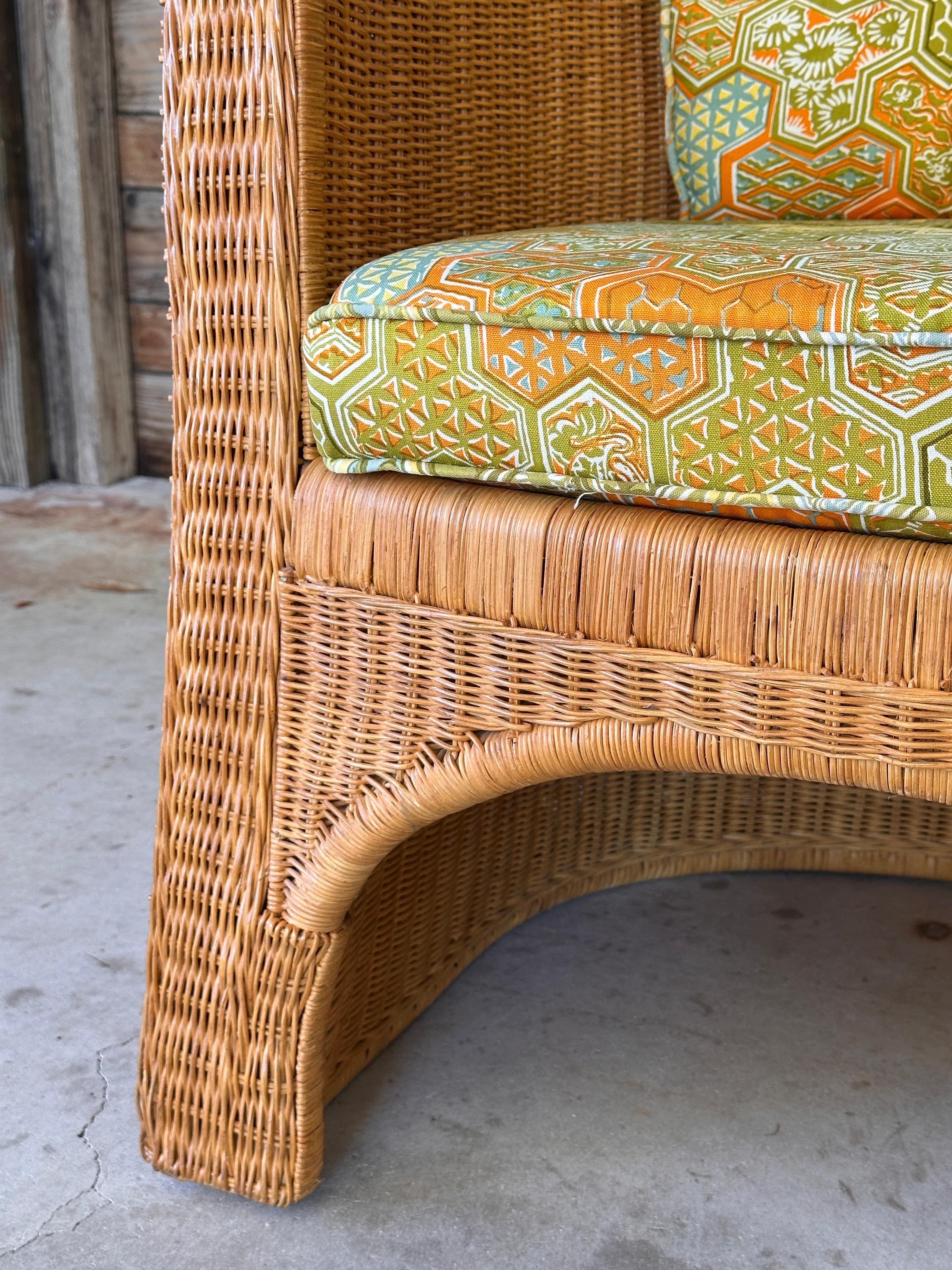 American 1970's Coastal Organic Modern Rattan Wicker Barrel Tub Chairs Ficks Reed Pair