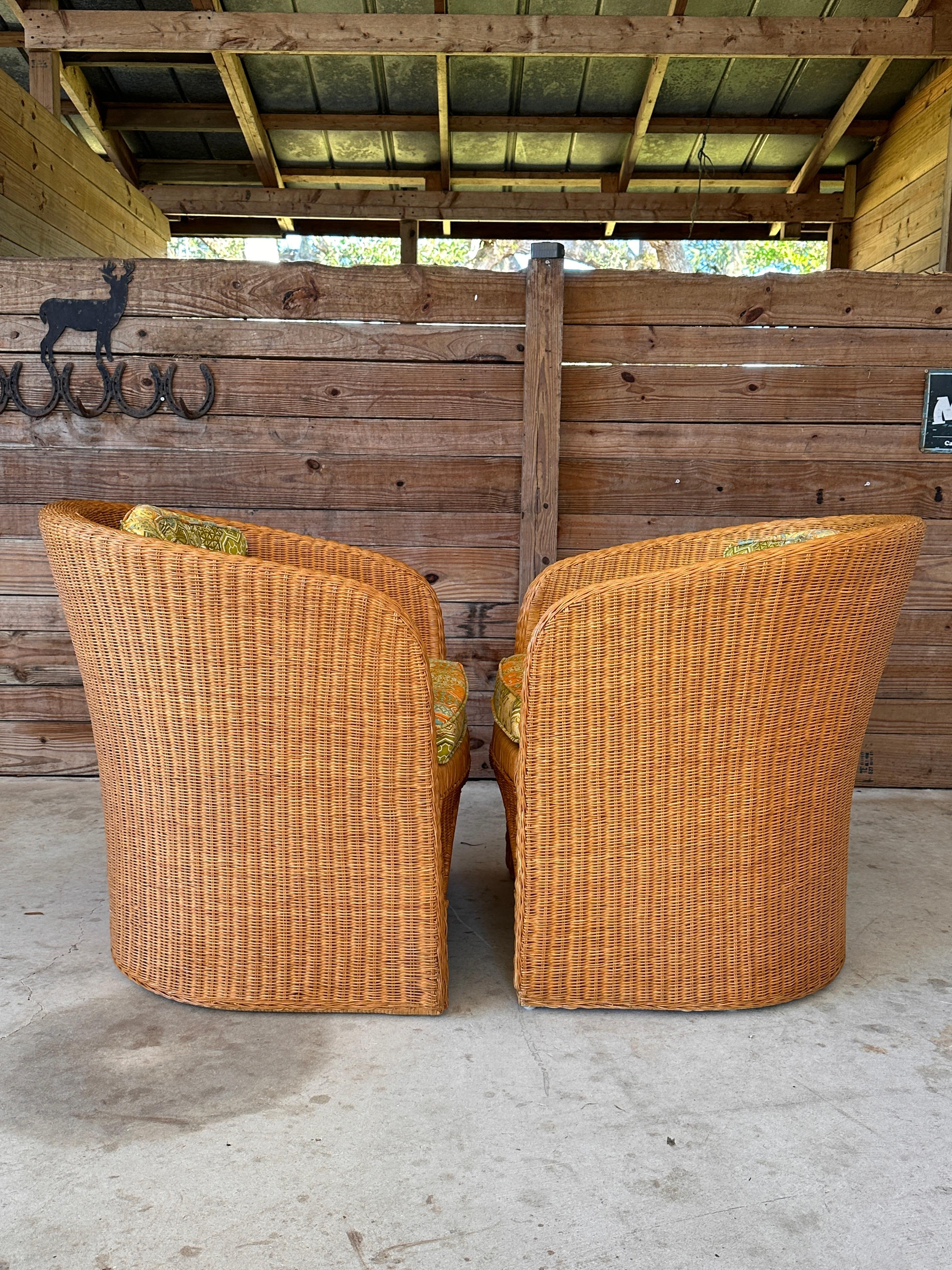 Hand-Crafted 1970's Coastal Organic Modern Rattan Wicker Barrel Tub Chairs Ficks Reed Pair