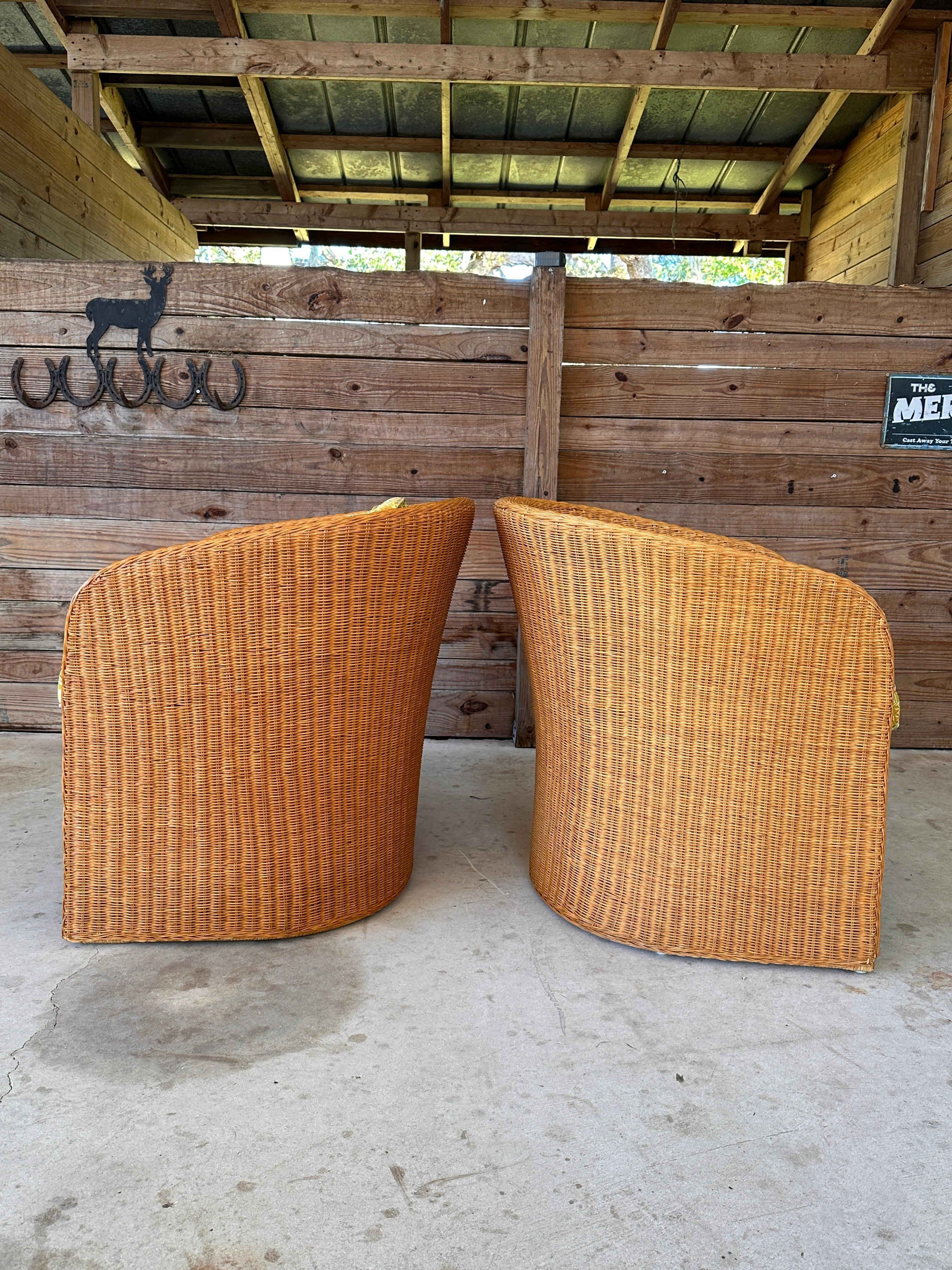 Late 20th Century 1970's Coastal Organic Modern Rattan Wicker Barrel Tub Chairs Ficks Reed Pair