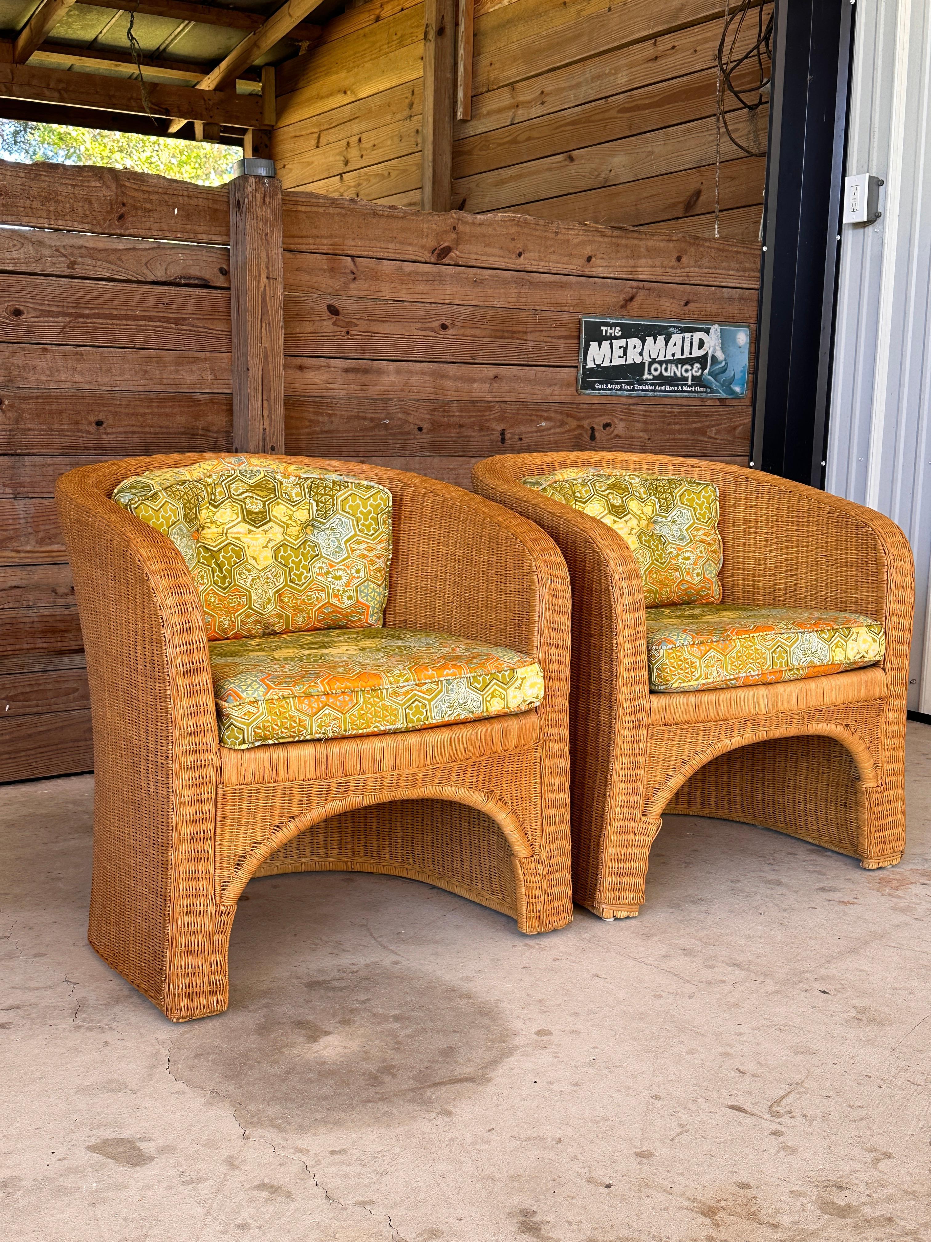 1970's Coastal Organic Modern Rattan Wicker Barrel Tub Chairs Ficks Reed Pair 2