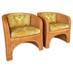 1970's Coastal Organic Modern Rattan Wicker Barrel Tub Chairs Ficks Reed Pair