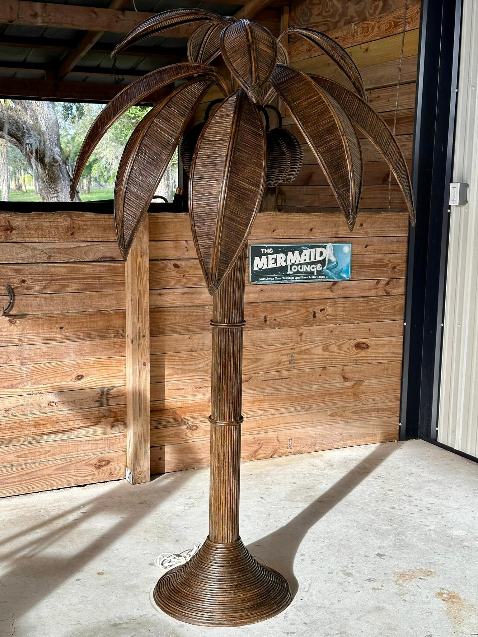 1970's Coastal Pencil Reed Rattan Coconut Palm Tree Floor Lamp 1