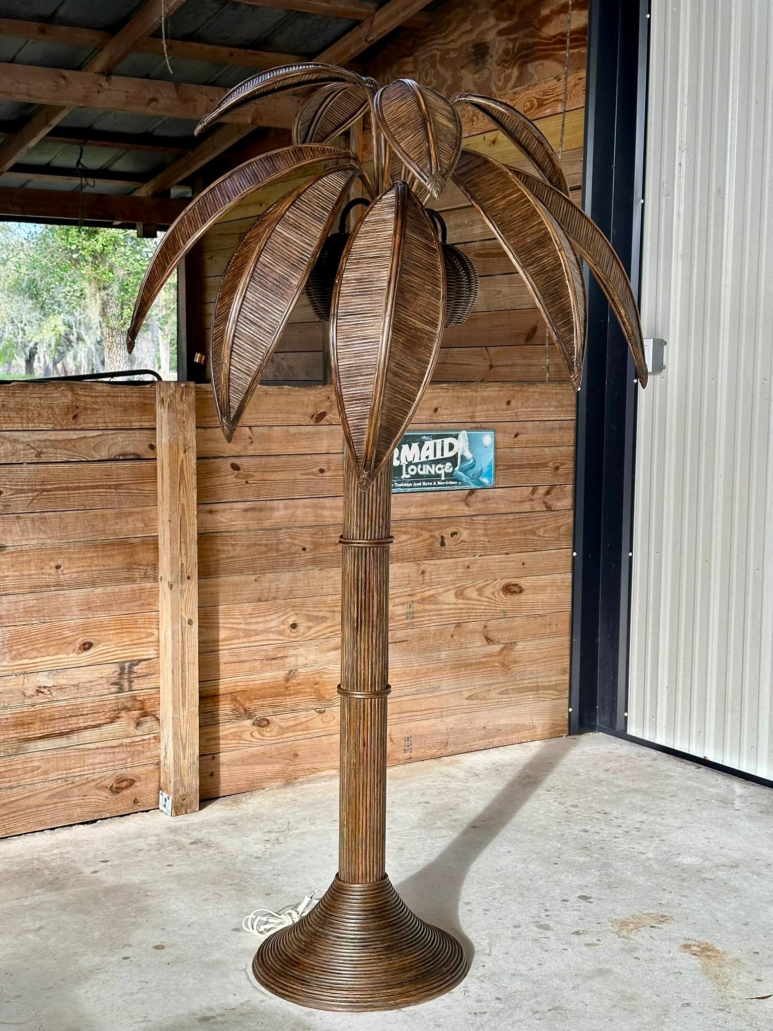 1970's Coastal Pencil Reed Rattan Coconut Palm Tree Floor Lamp 6