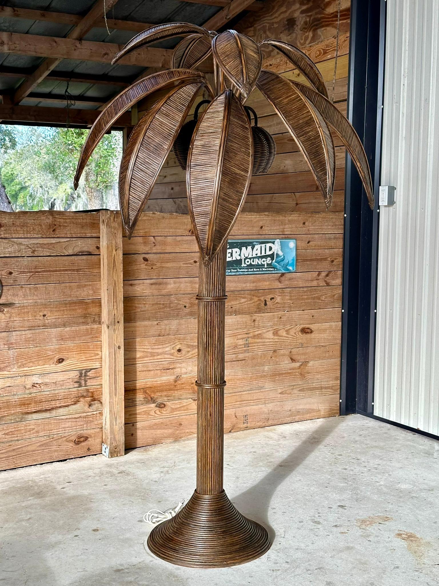 1970's Coastal Pencil Reed Rattan Coconut Palm Tree Floor Lamp 7