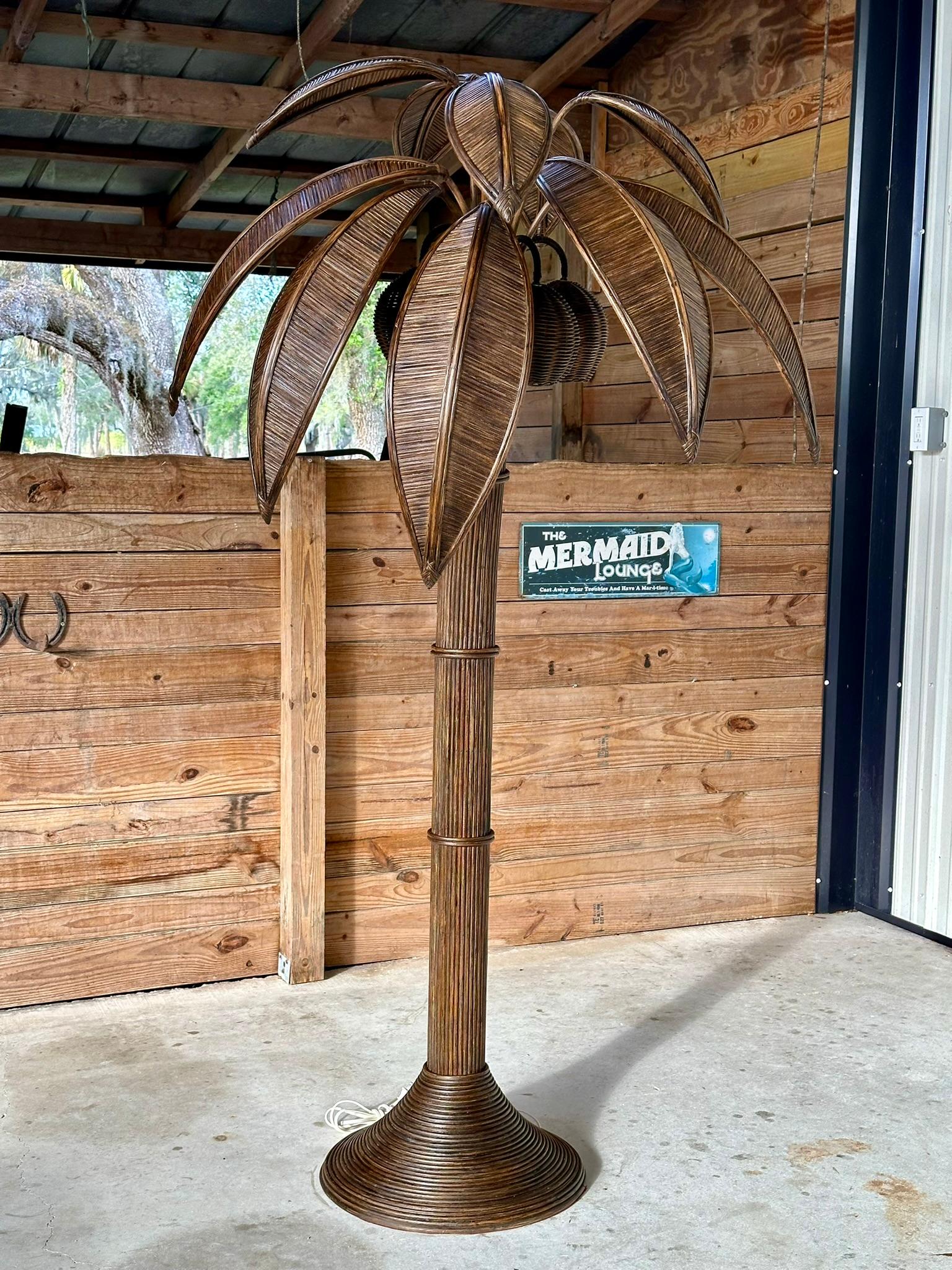 1970's Coastal Pencil Reed Rattan Coconut Palm Tree Floor Lamp 8