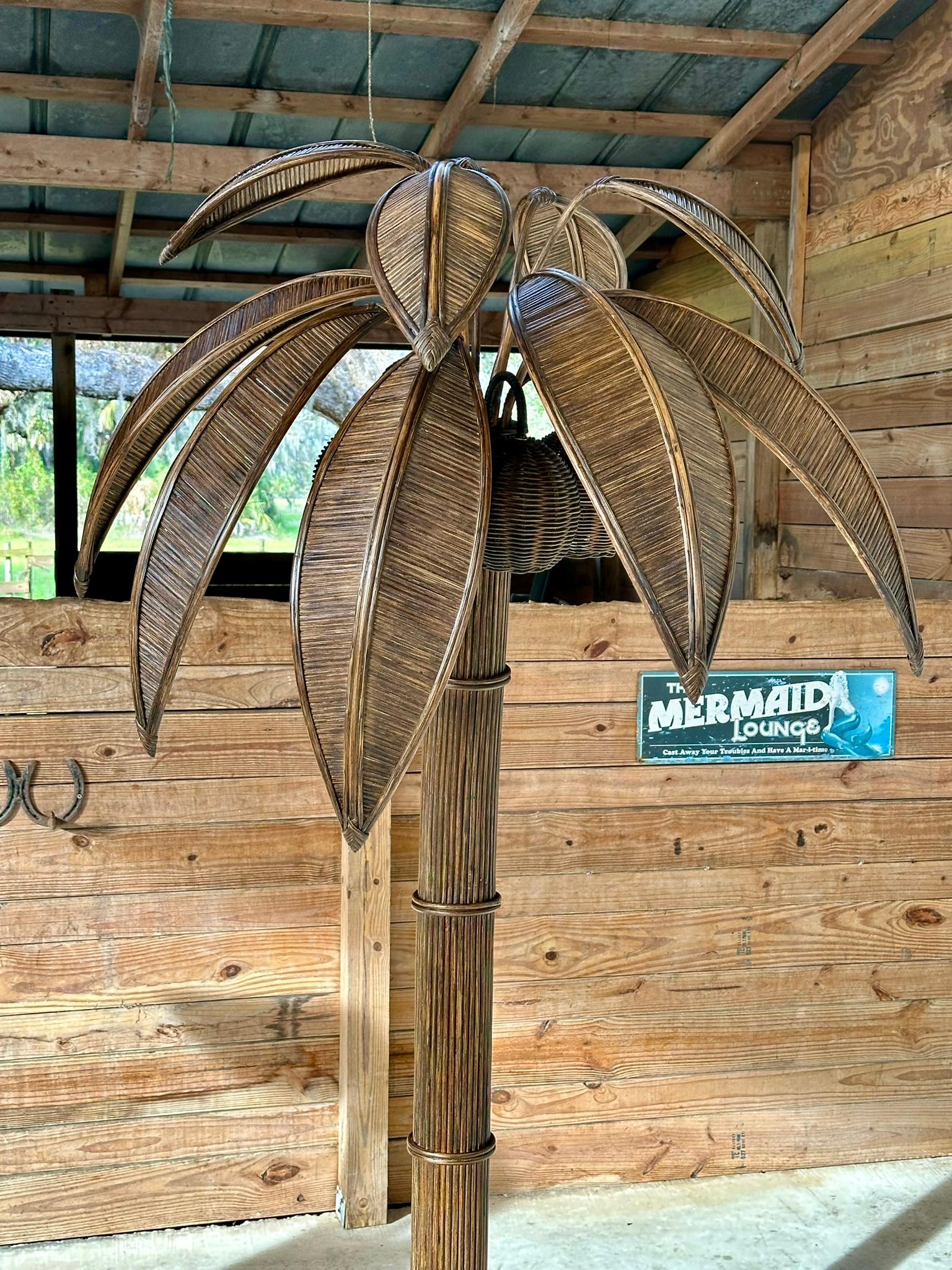 Bohemian 1970's Coastal Pencil Reed Rattan Coconut Palm Tree Floor Lamp