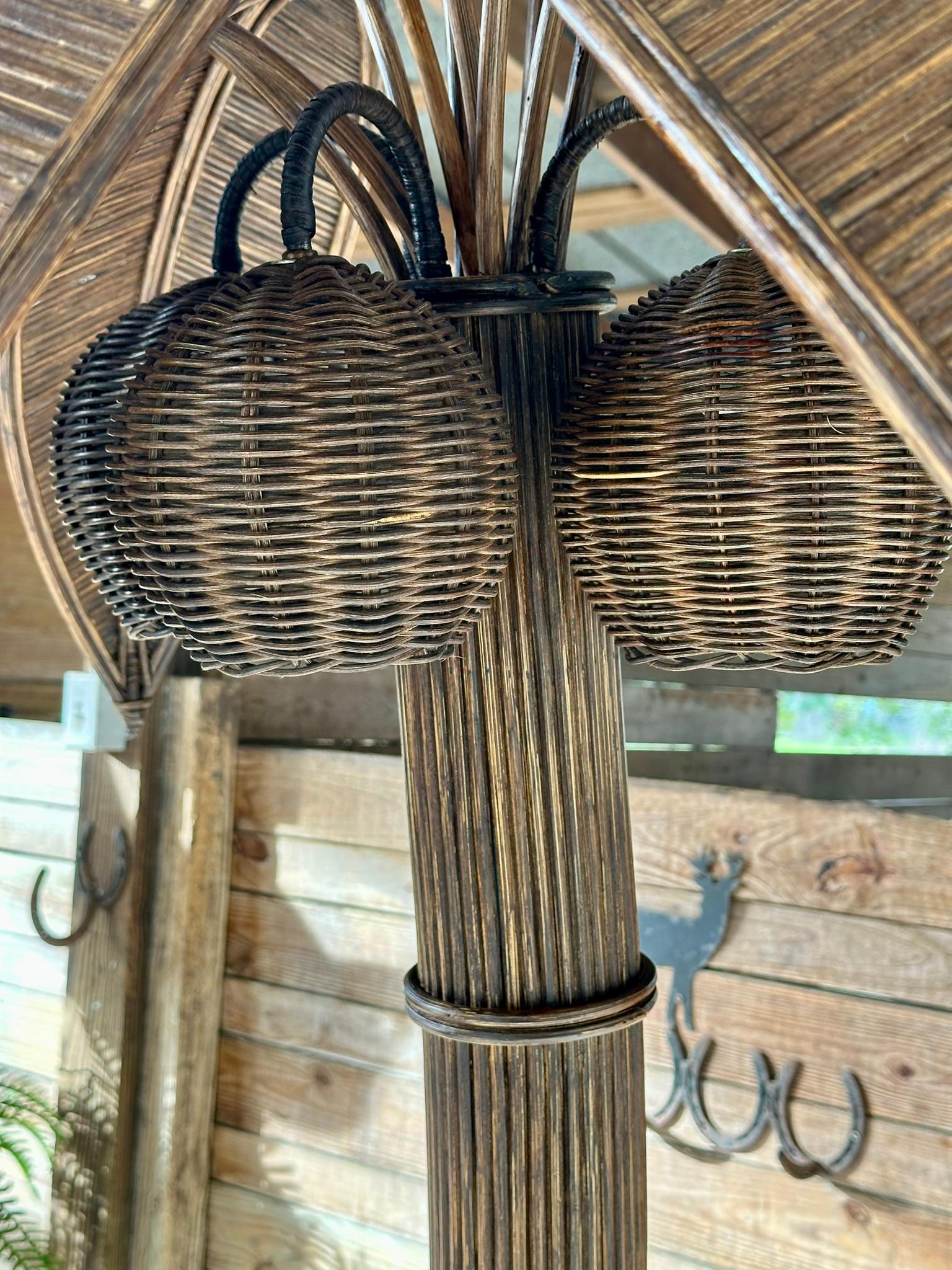 Hand-Crafted 1970's Coastal Pencil Reed Rattan Coconut Palm Tree Floor Lamp